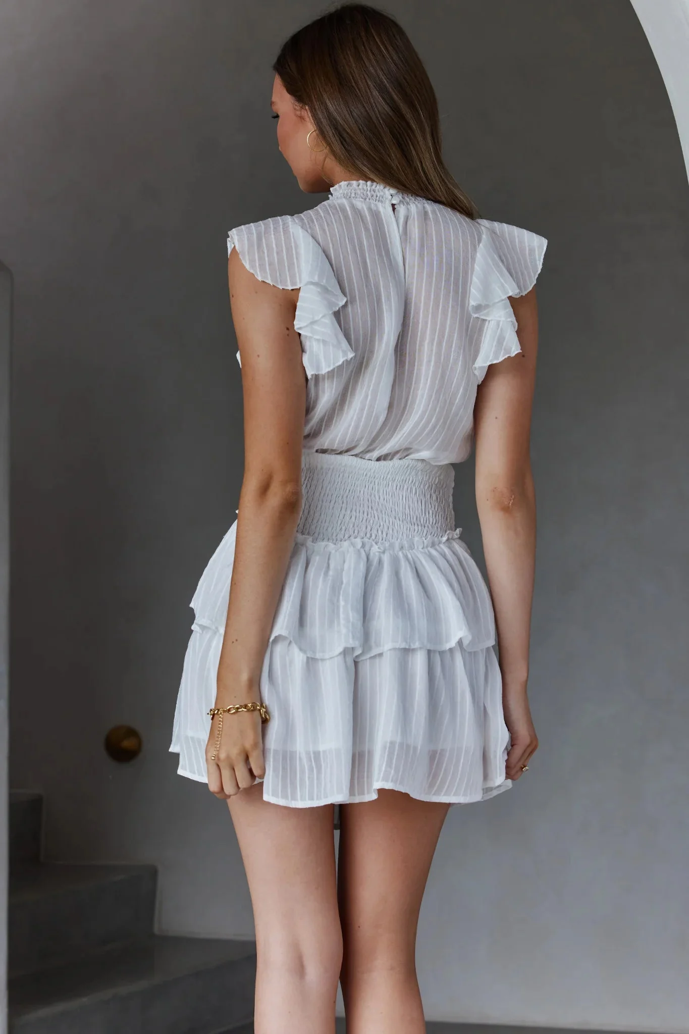 San Jacinto Ruffle Shoulder Mini Dress White