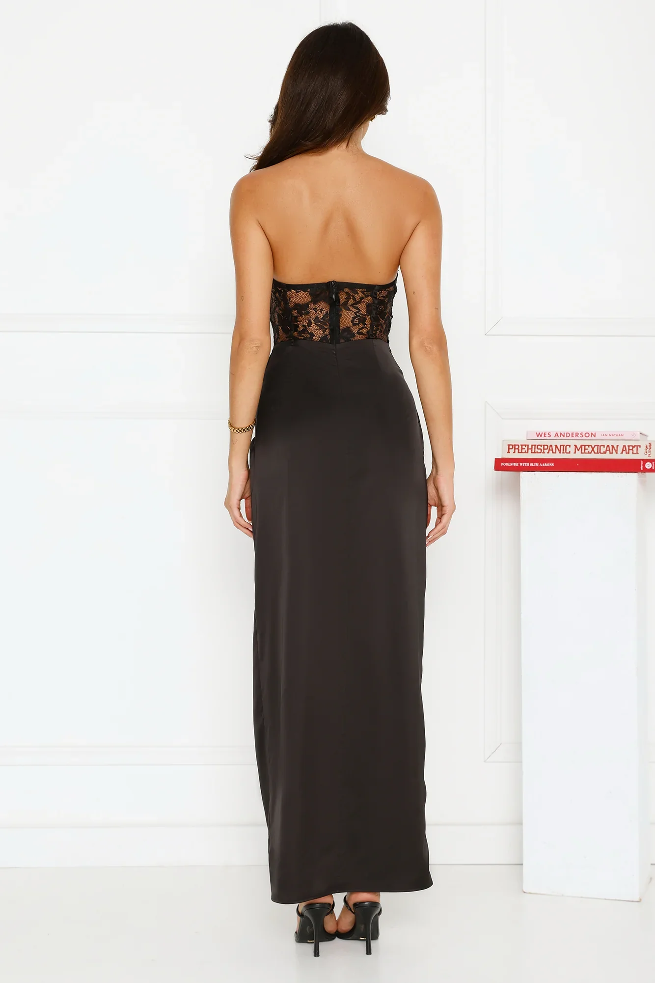 J'adore Lace Satin Strapless Maxi Dress Black