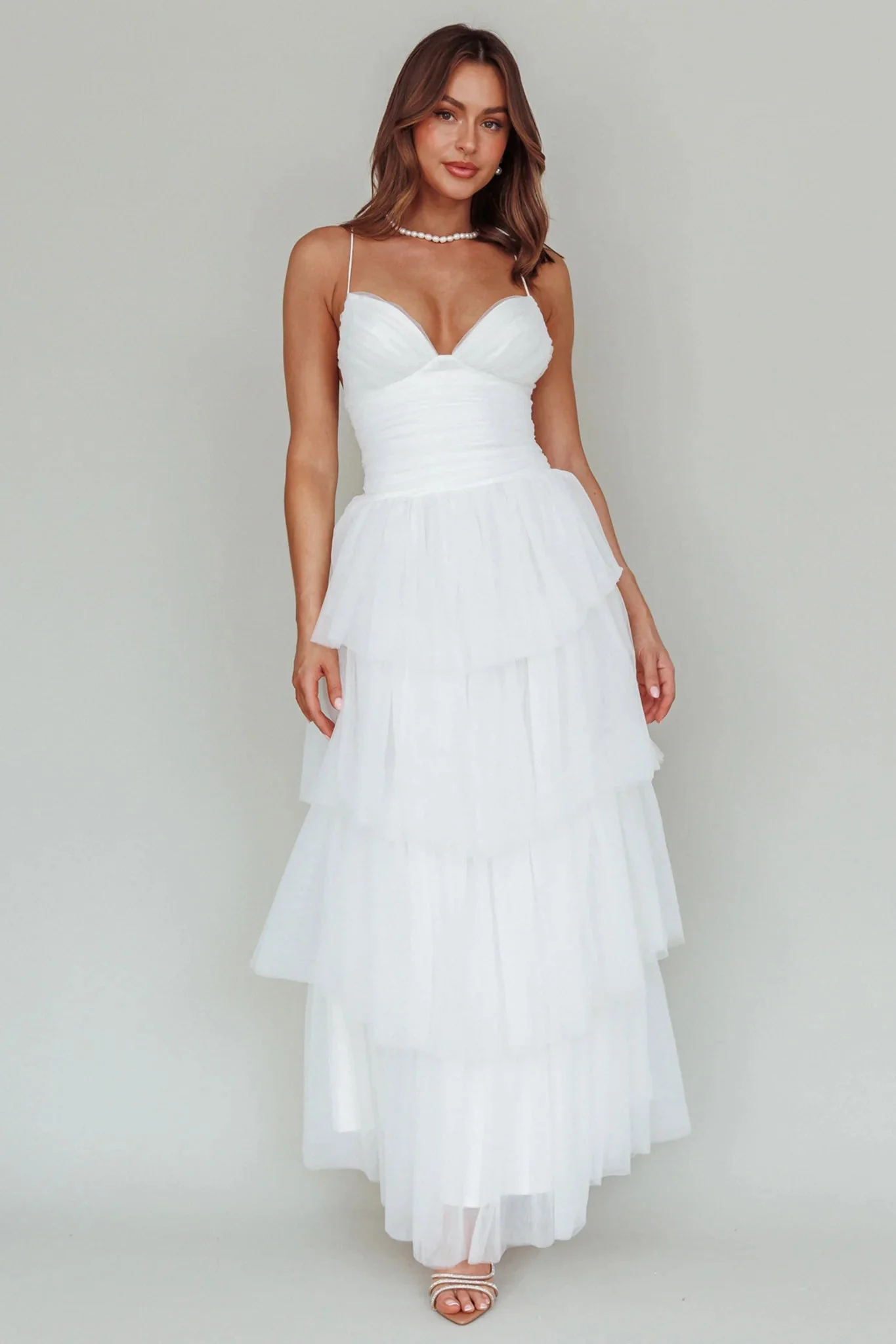 Nightingale Tiered Mesh Maxi Dress White