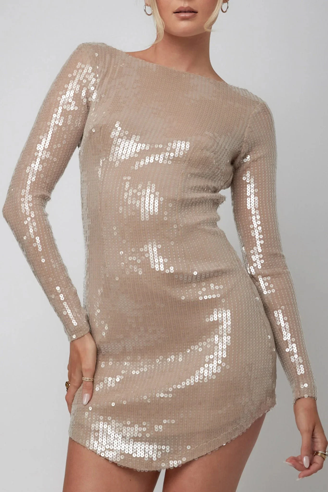 Karma Long Sleeve Keyhole Back Sequin Dress Nude