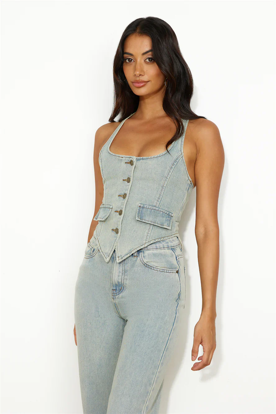 LIONESS NYC Halter Top Light Denim