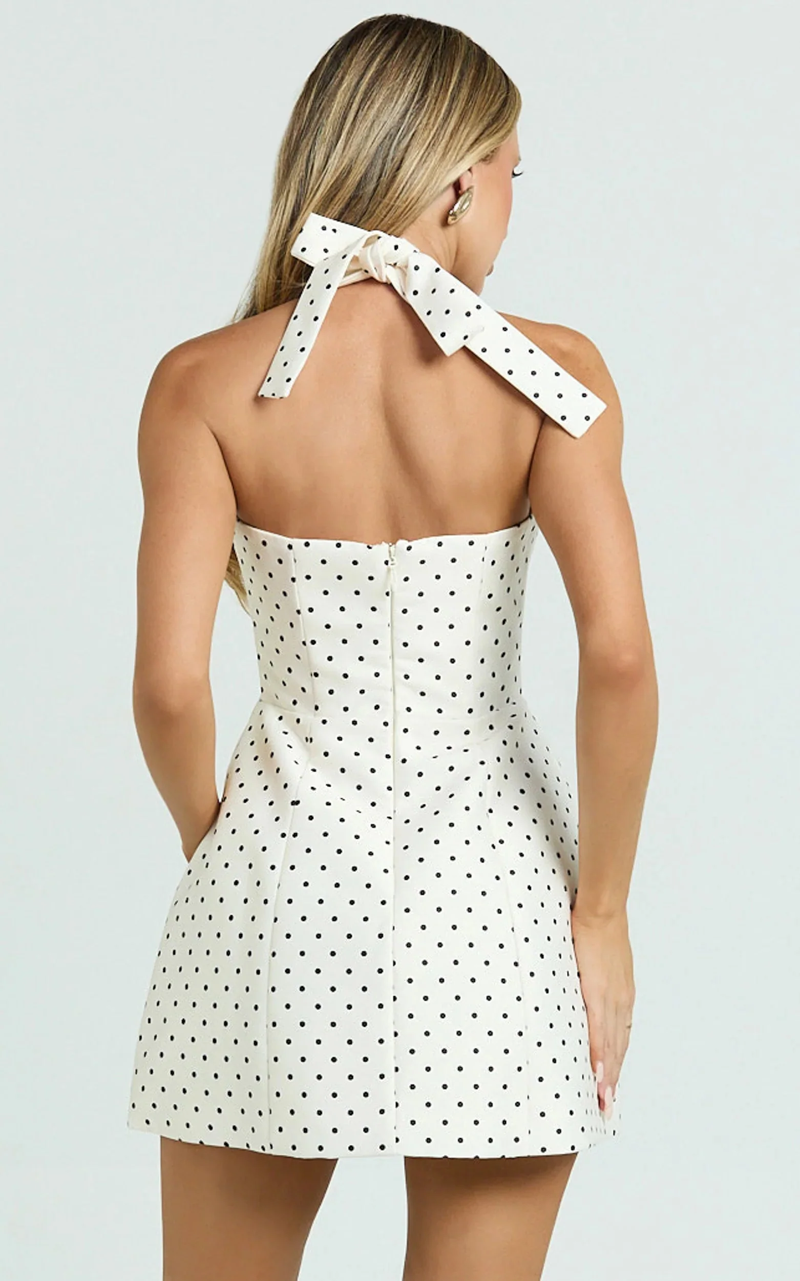 Dante Mini Dress Halter Neck Tie Tulip Skirt Dress in White Polkadot