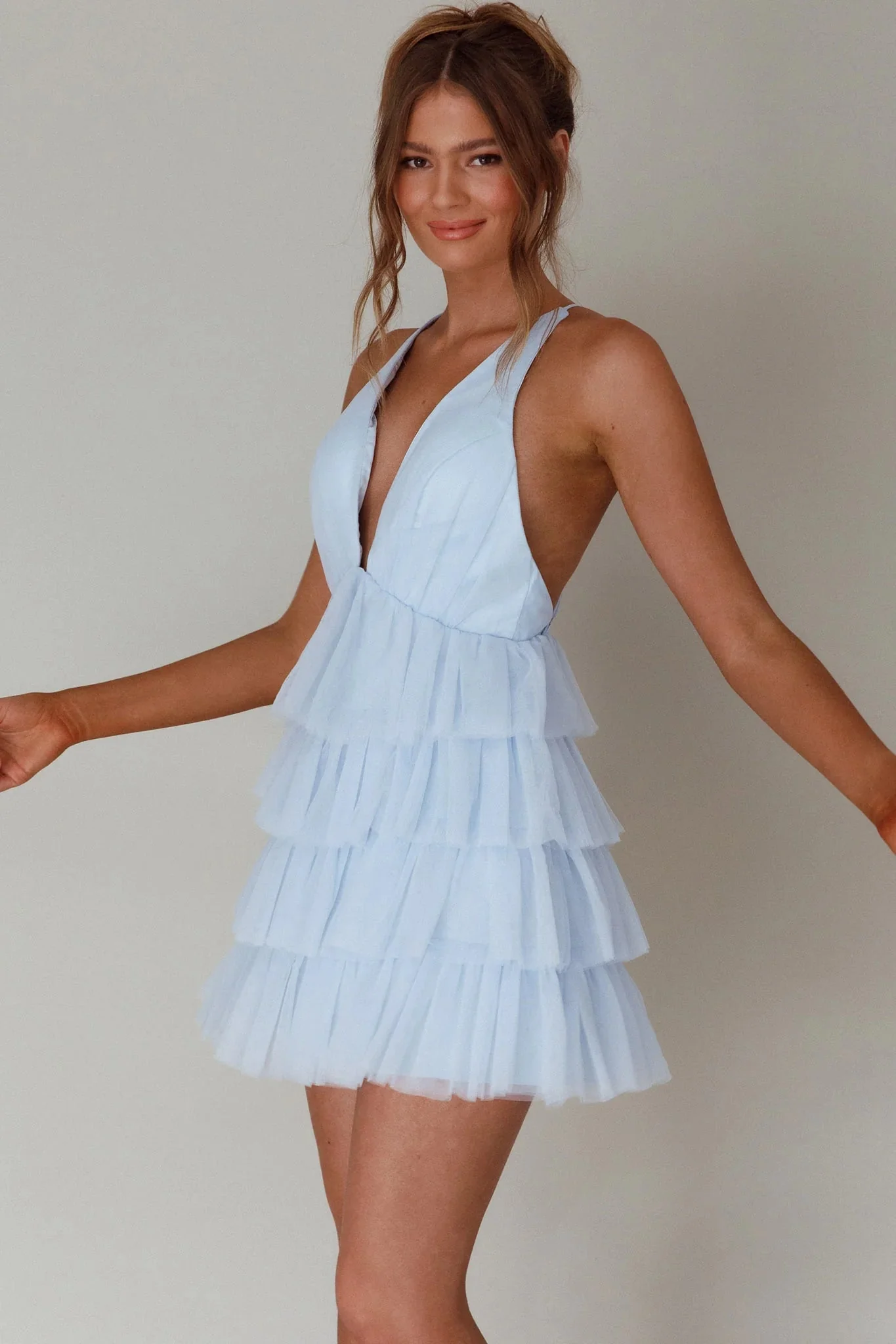 Auguste Tiered Frill Mini Dress Sky Blue