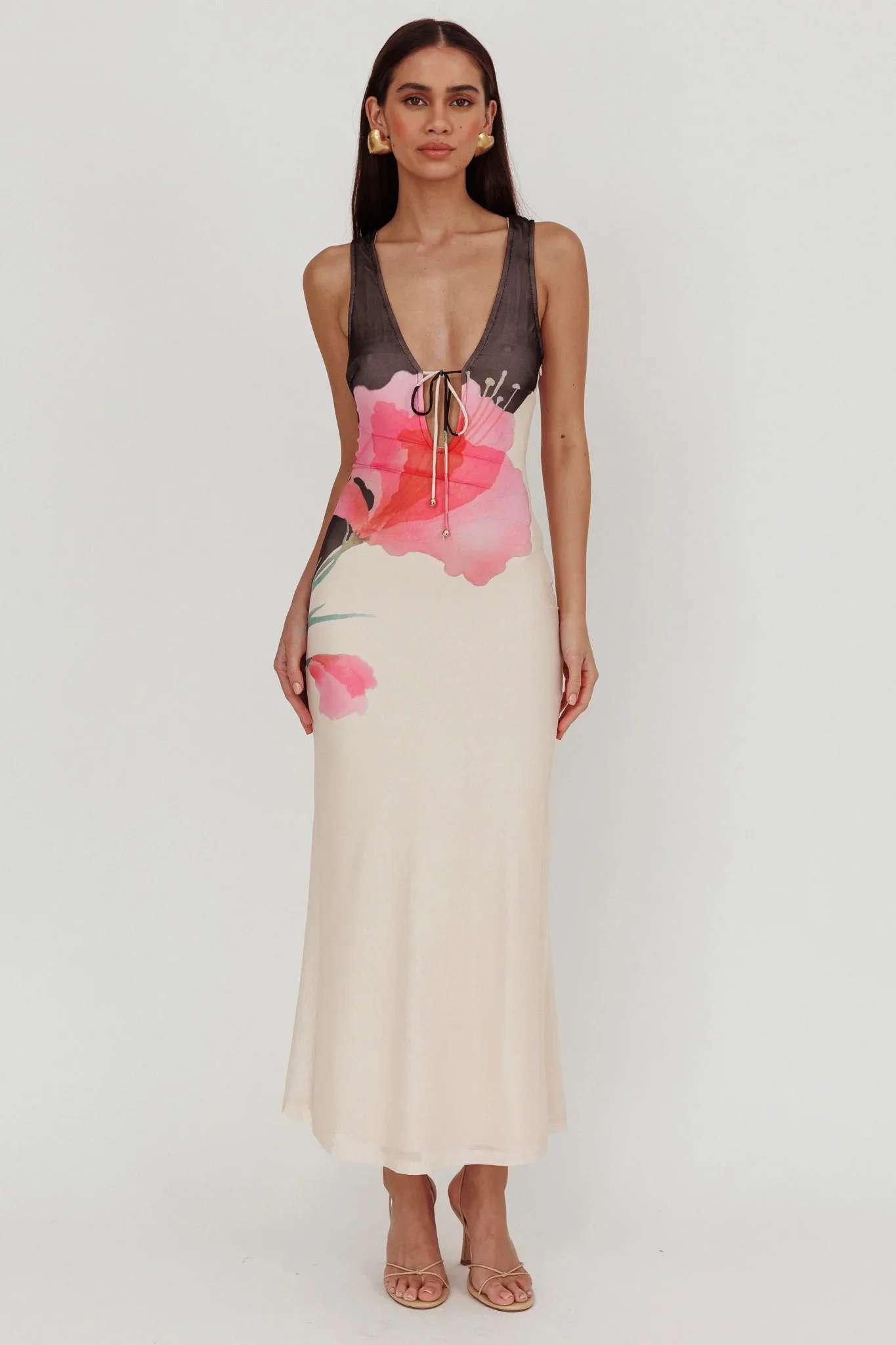 Cinders Tied Plunging Neckline Maxi Dress Flower Black