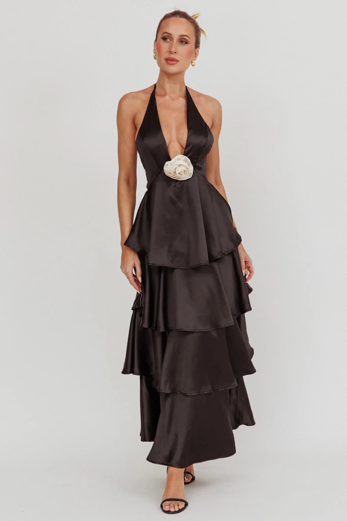 Catalina Tiered Ruffle Rosette Maxi Dress Black