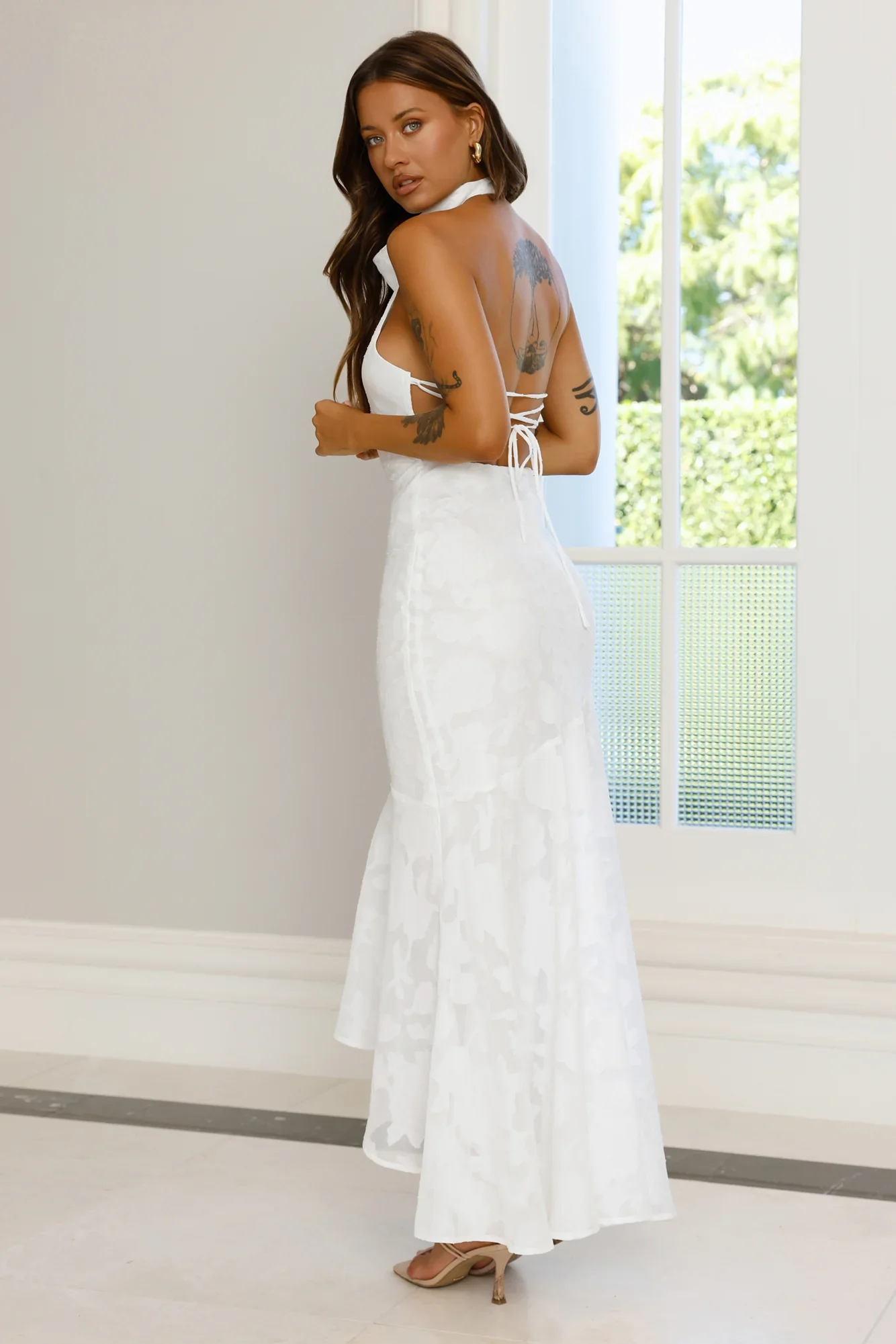 Hints Of Wildflowers Halter Maxi Dress White