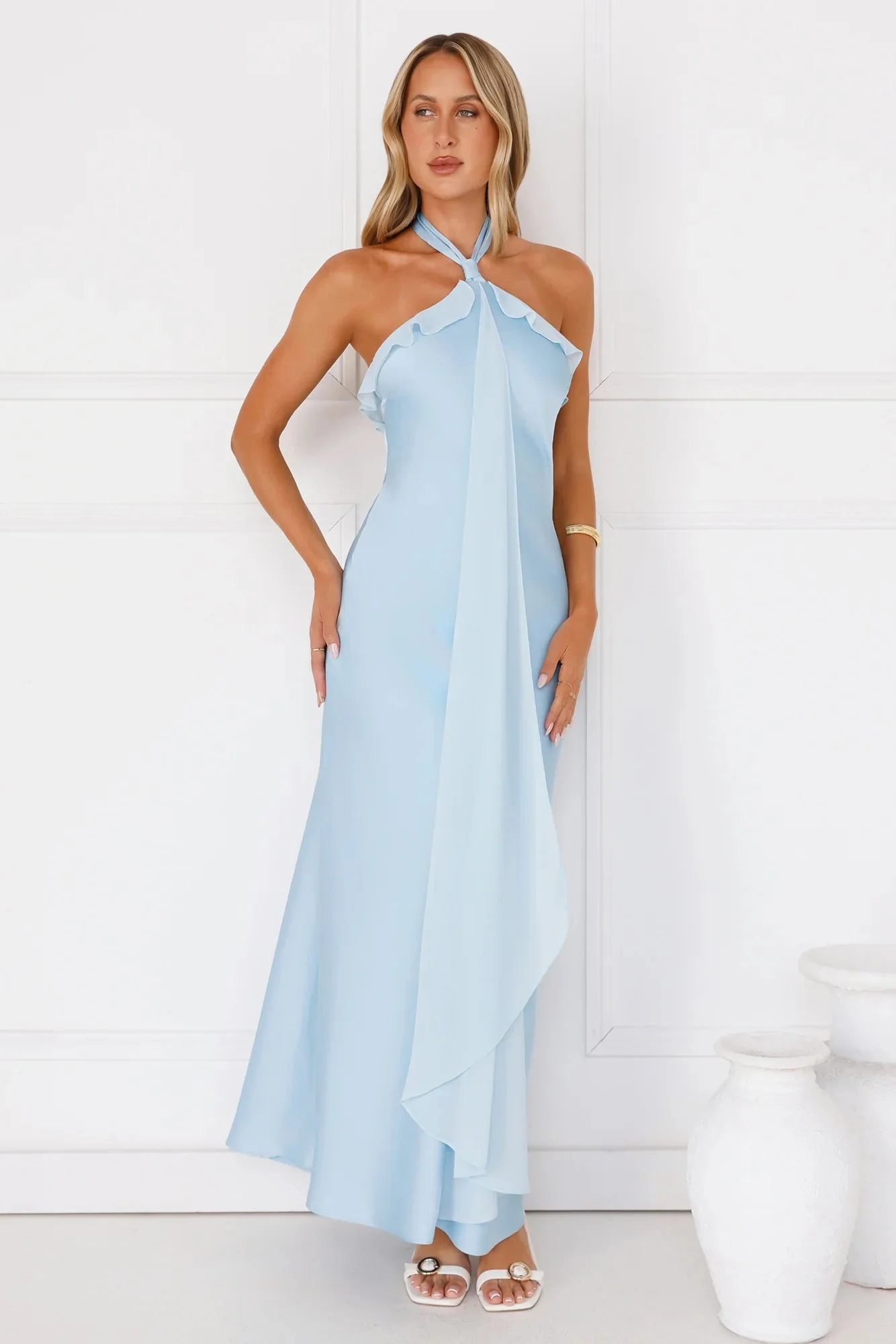 Luxora Lady Halter Satin Maxi Dress Blue
