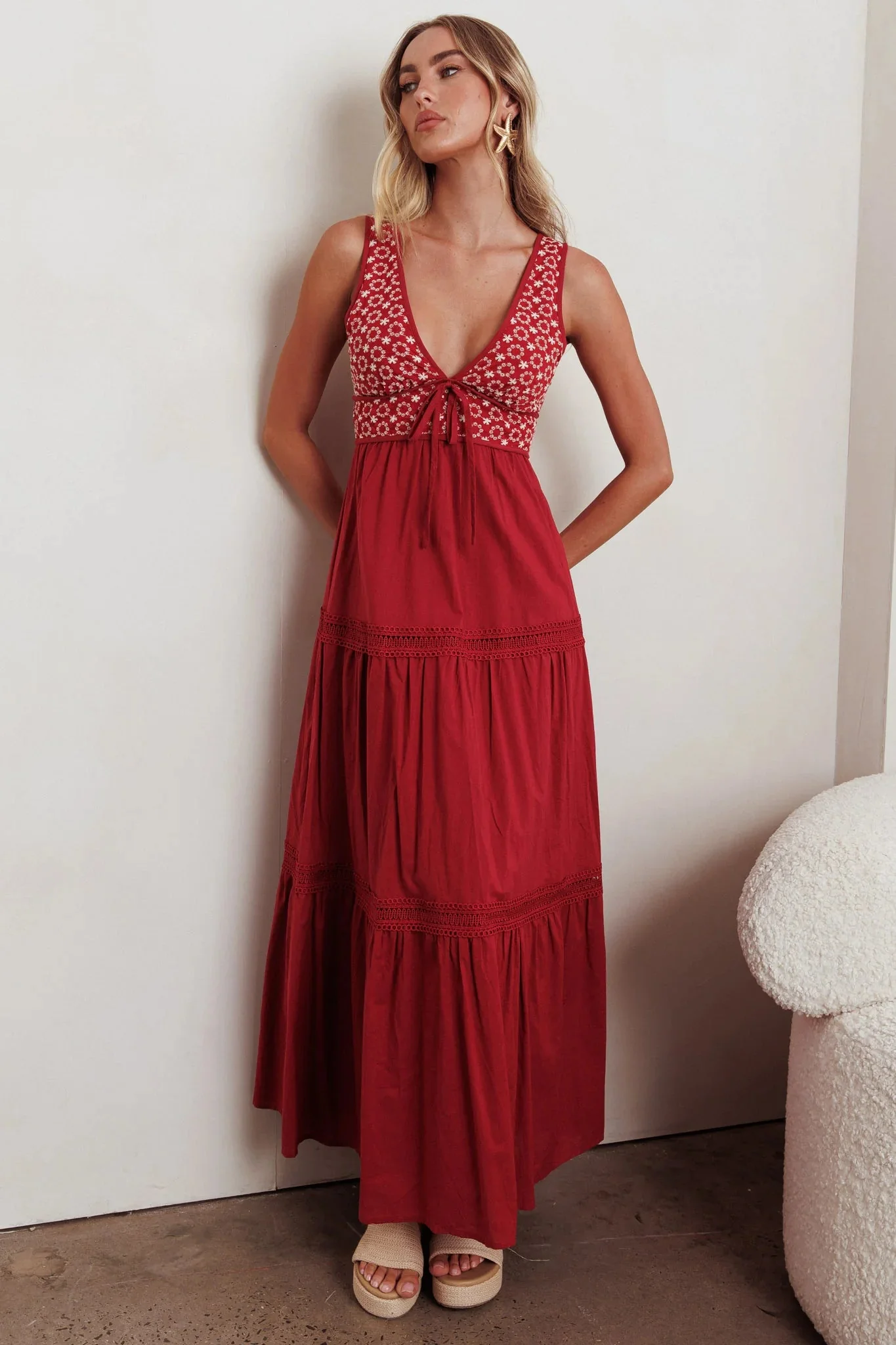 Joycelin V-Neck Eyelet Maxi Dress Red