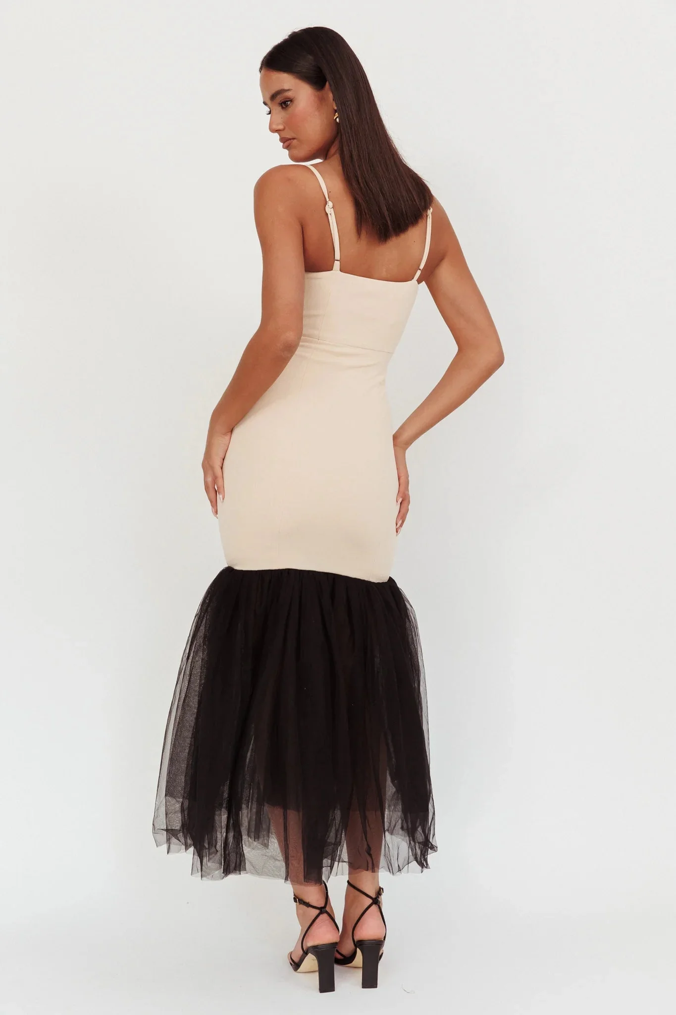 Tomie Tulle Hem Maxi Dress Beige Combo