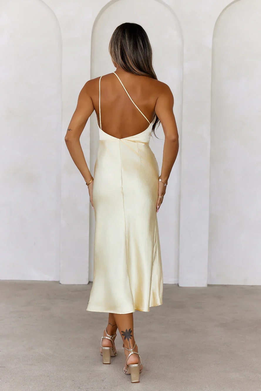 Kiss Of Celebration Satin One Shoulder Midi Dress Yellow