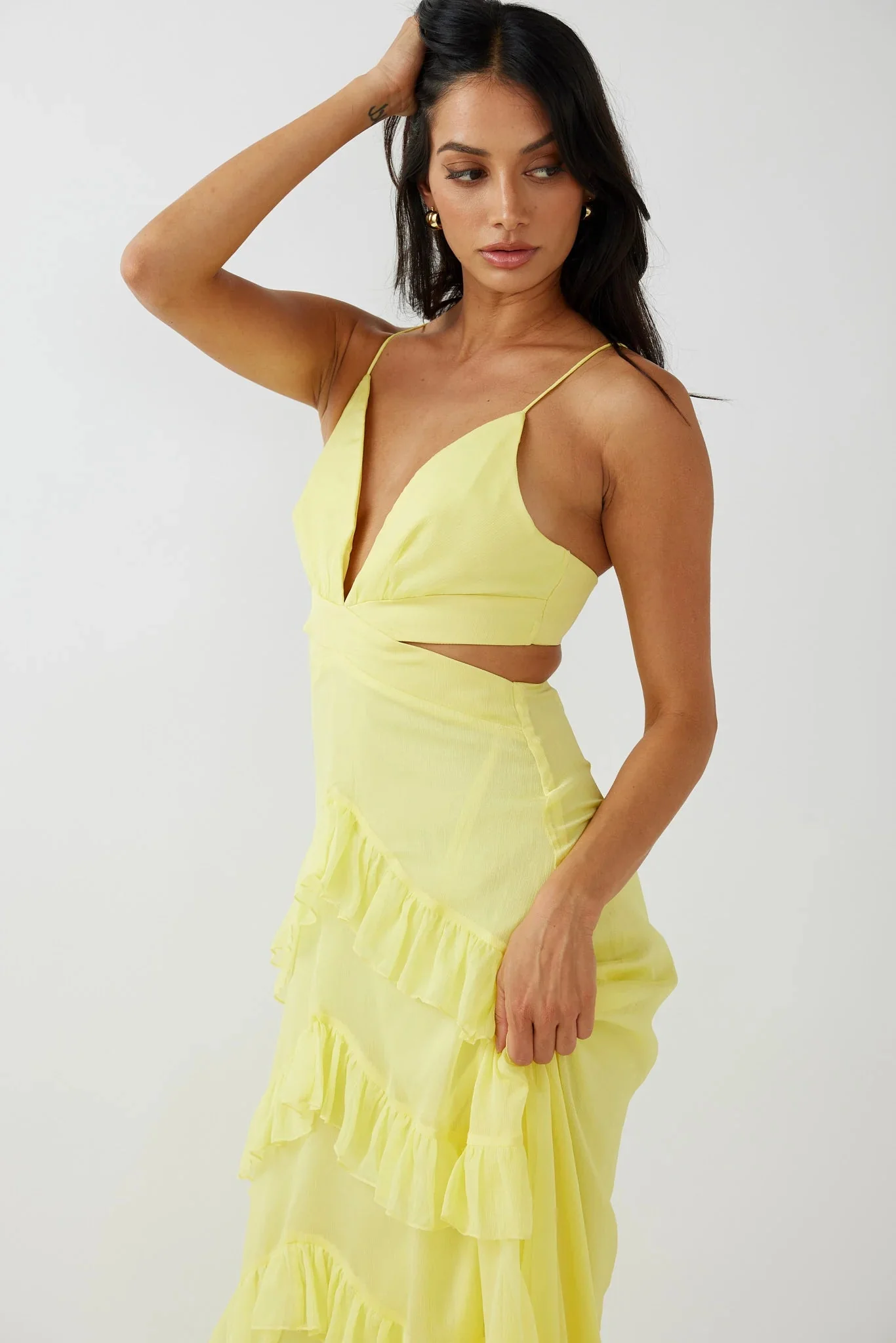 Joss Ruffle Trim Cut-Out Dress Yellow