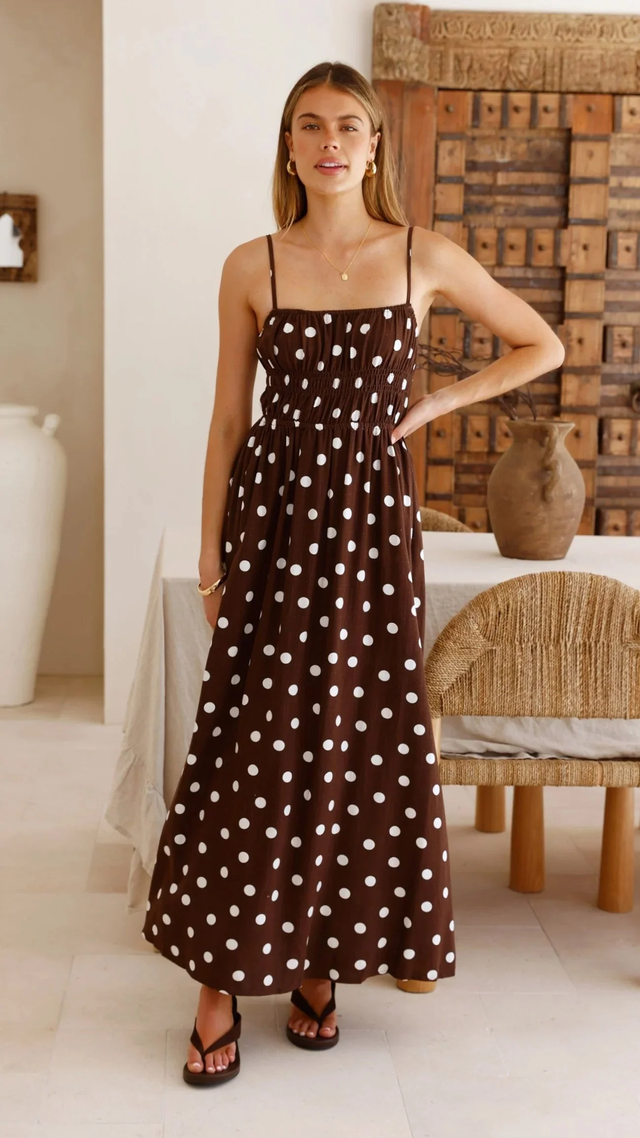 Solare Maxi Dress - Brown/White Polka