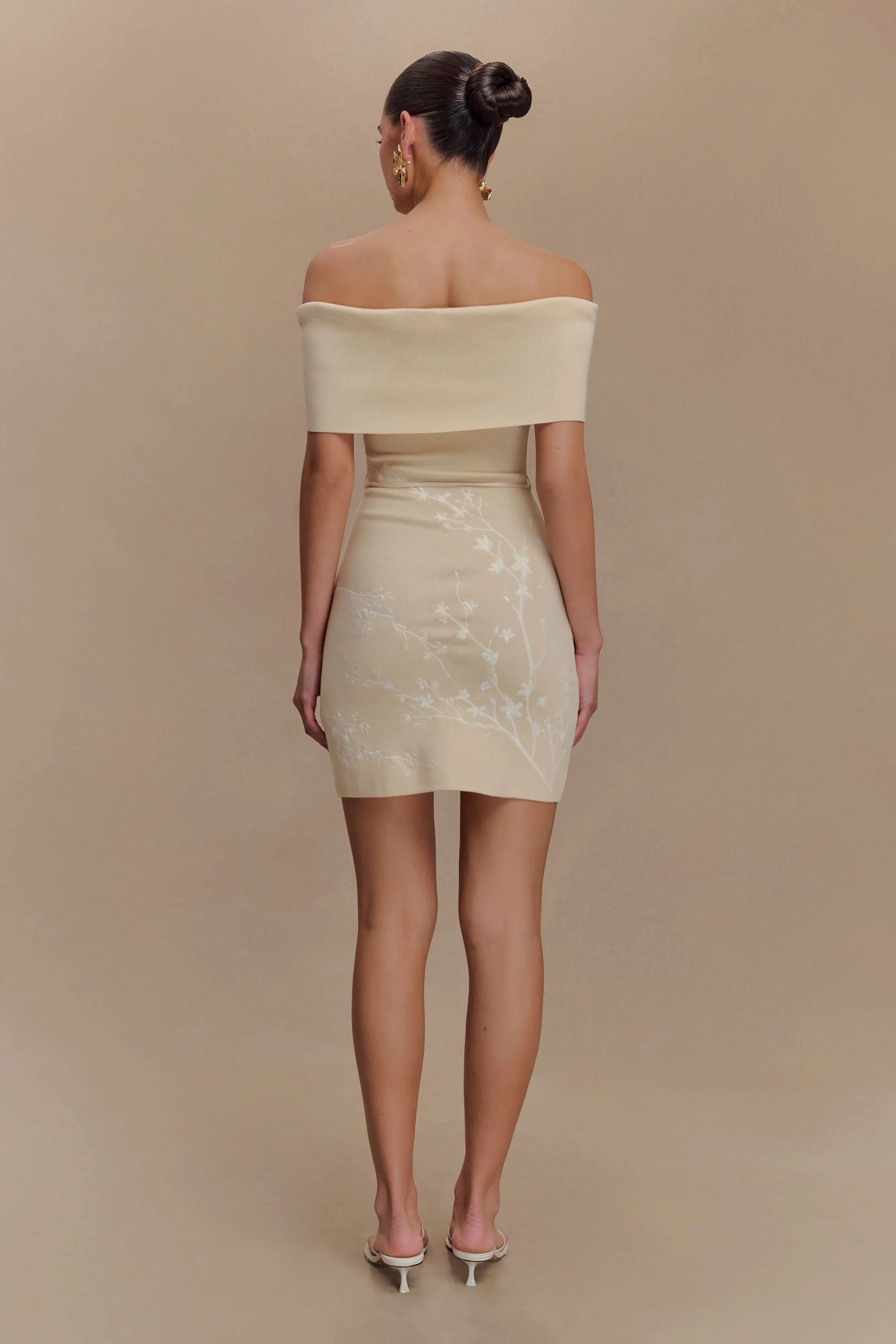 Mallory Off Shoulder Embroidered Knit Mini Dress - Cream And Ivory