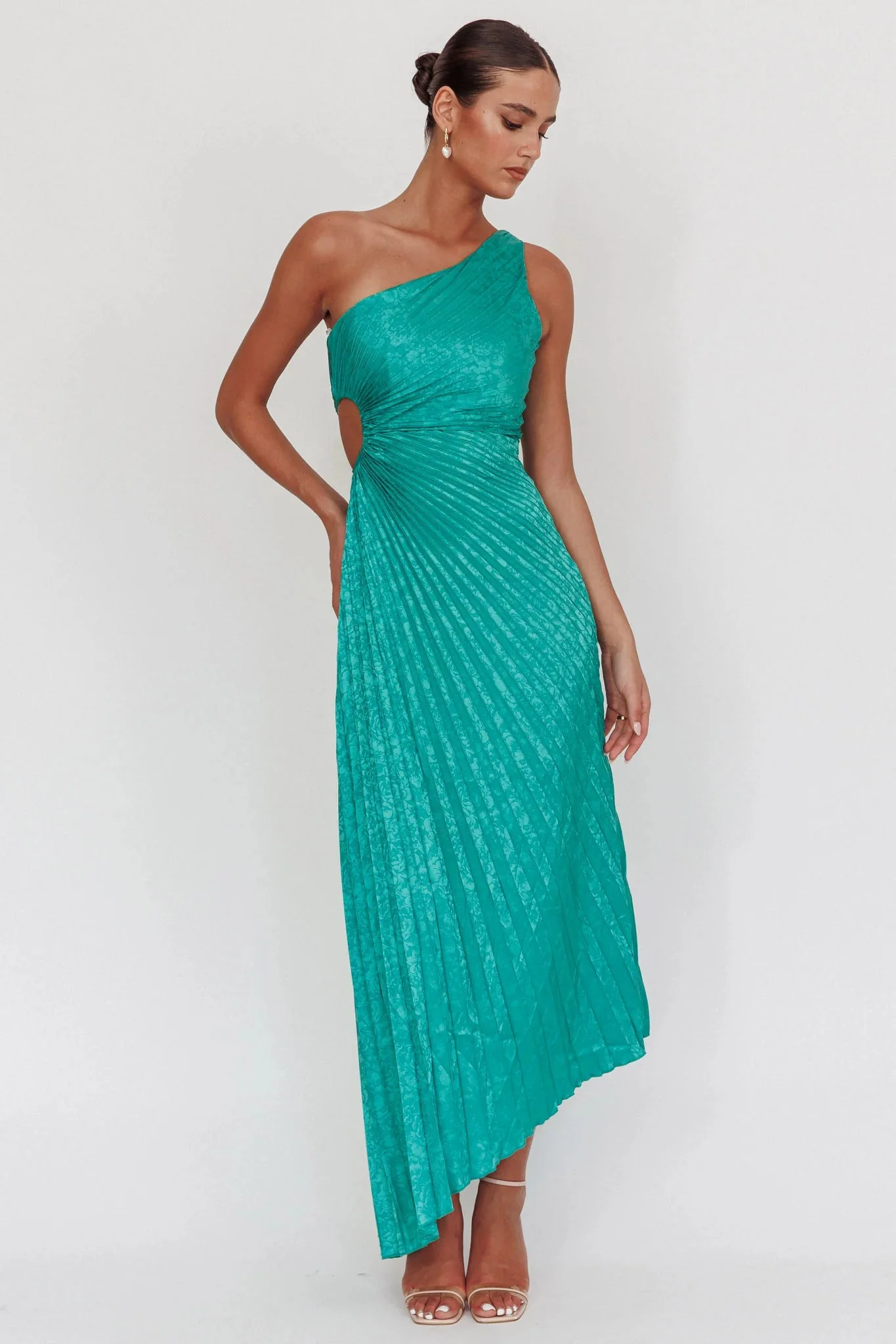 Amelie One-Shoulder Accordion Pleat Maxi Dress Kelly Green