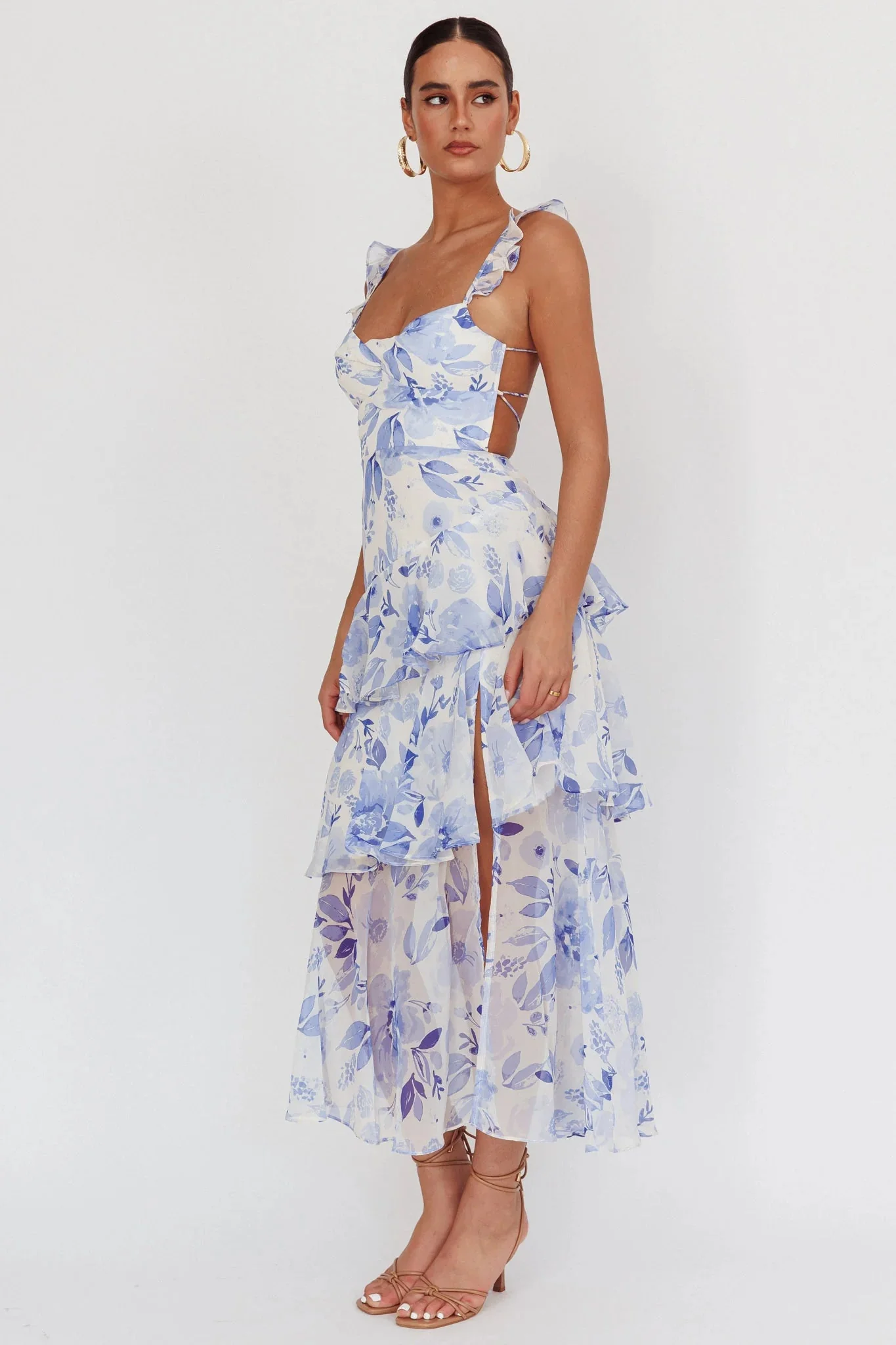 Veda Strappy Back Ruffle Maxi Dress Flowers Blue