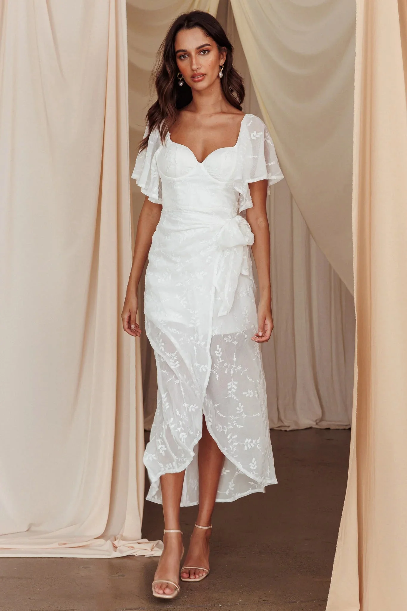 Aphrodite Molded Bust Angel Sleeve Midi Dress Floral White