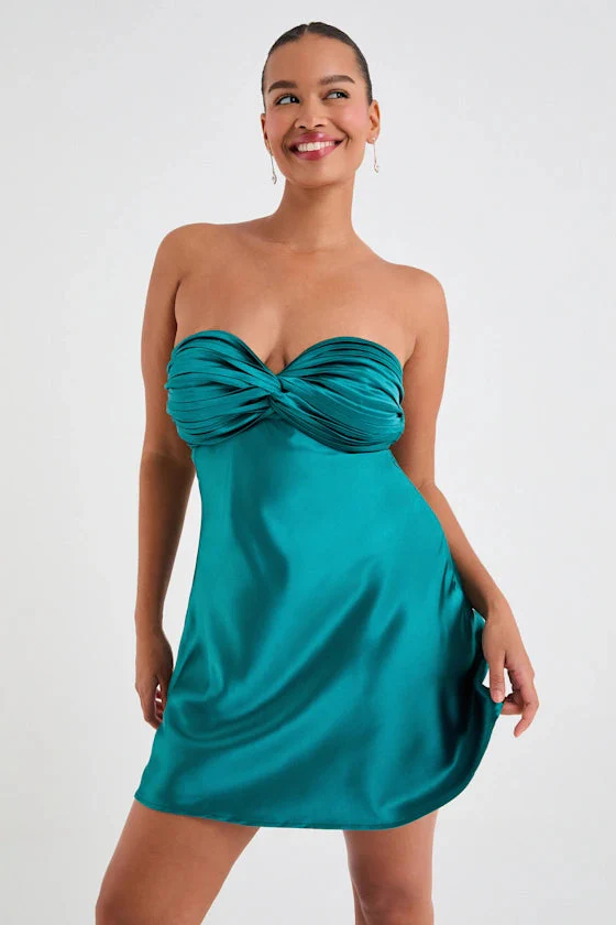 Narina Teal Green Satin Pleated Strapless Mini Dress