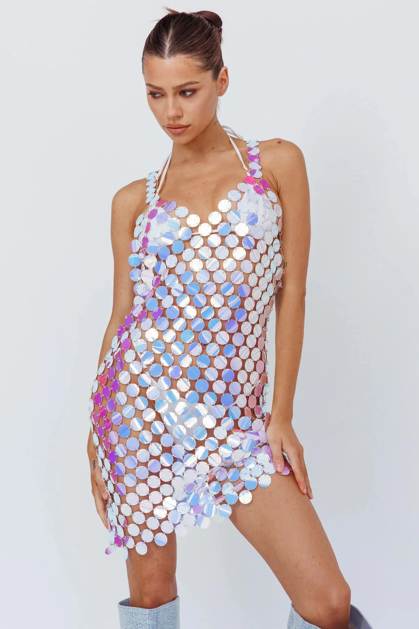 Sirenuse Acrylic Circle Mini Dress Iridescent Silver