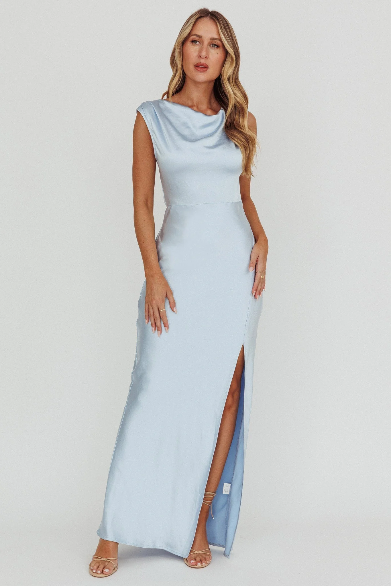 Jinora Cowl Neck Leg Slit Satin Maxi Dress Blue