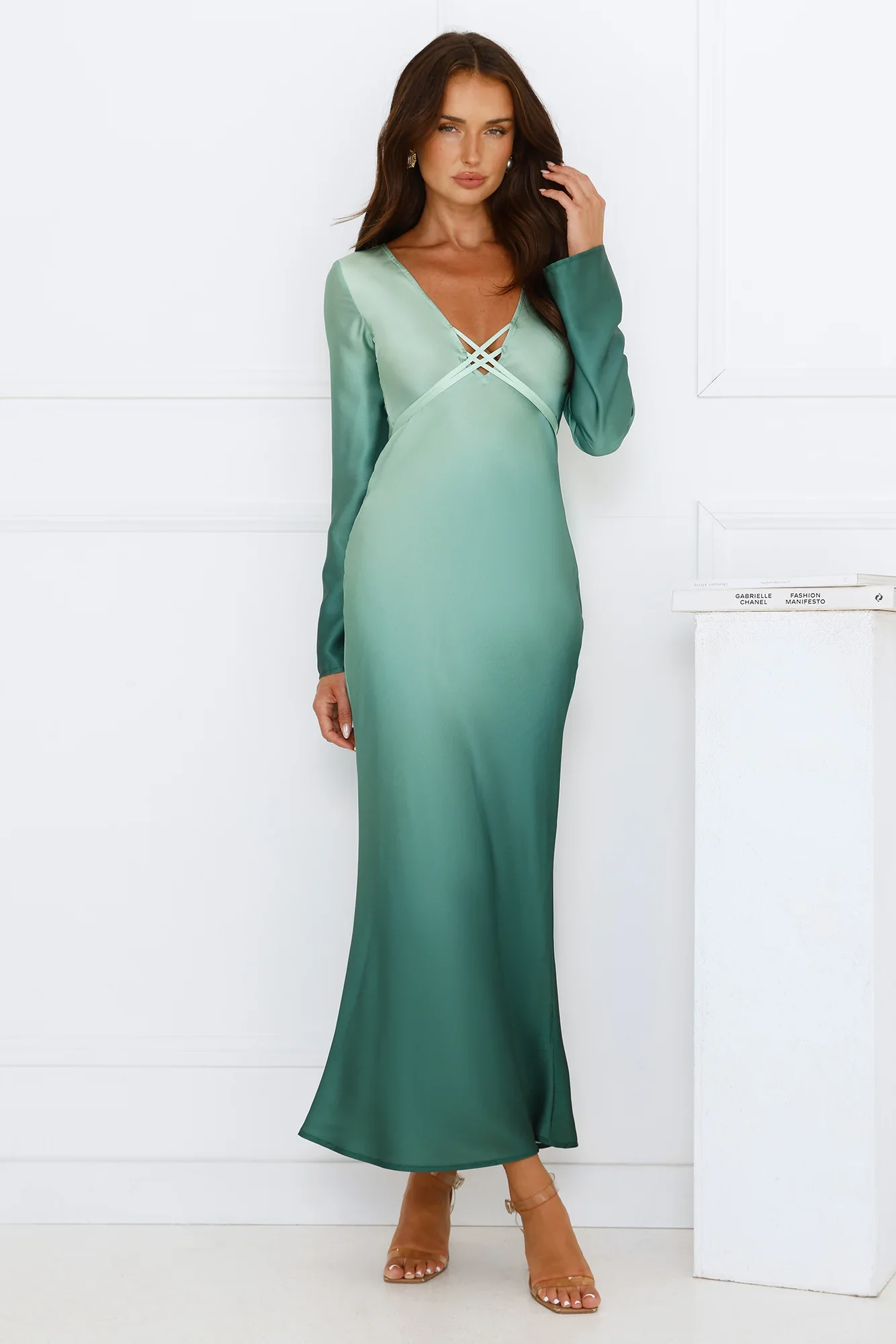 Horizon Hues Satin Long Sleeve Midi Dress Green Ombre