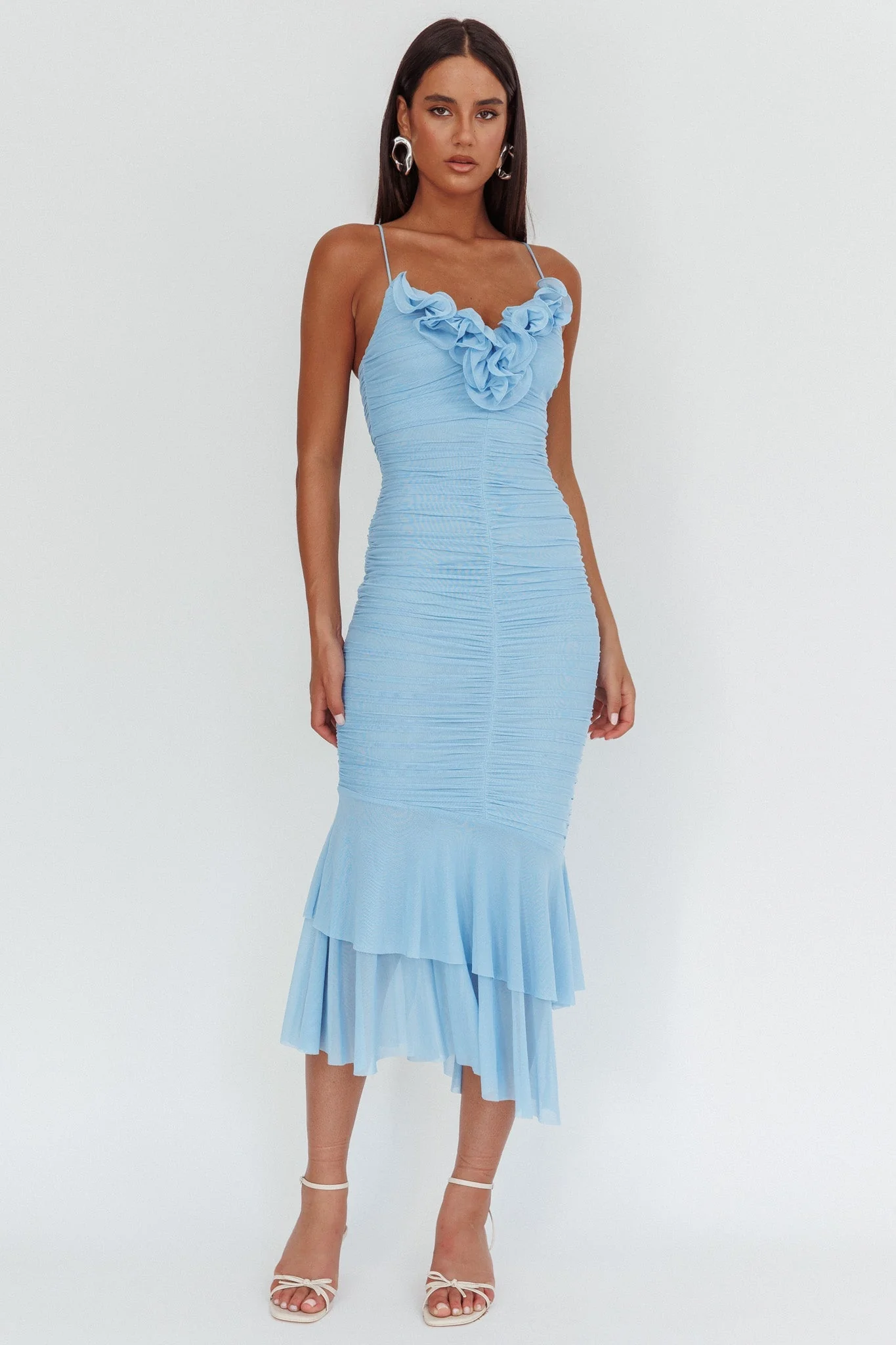 Nadia Ruffle Neckline Ruched Midi Dress Blue