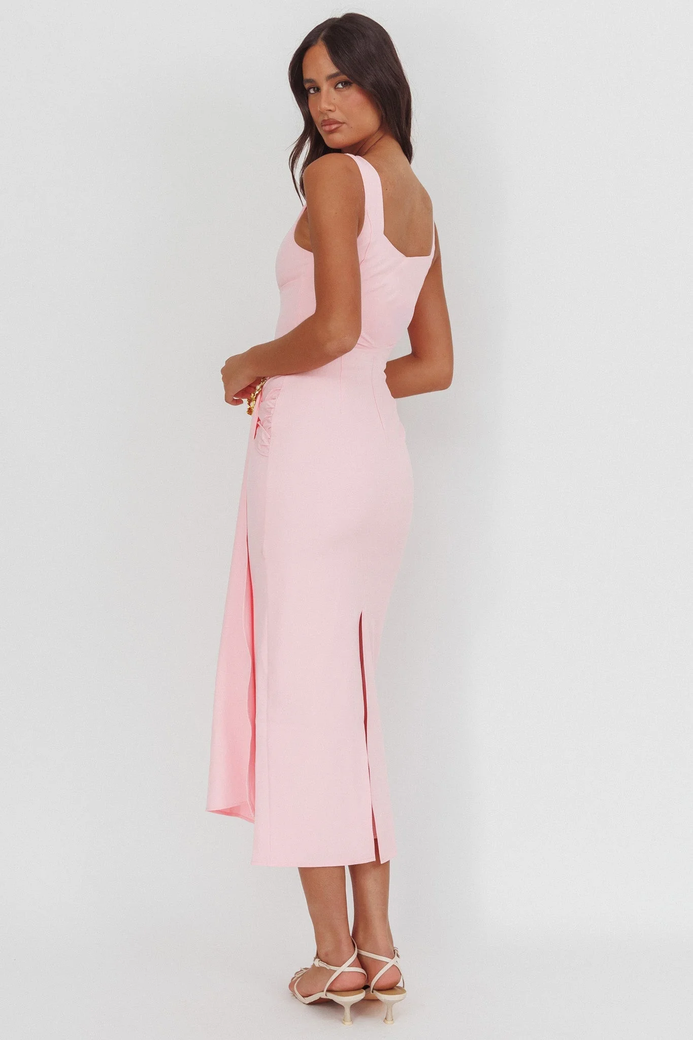 Zimora Gold Buckle Waist Drape Maxi Dress Pink