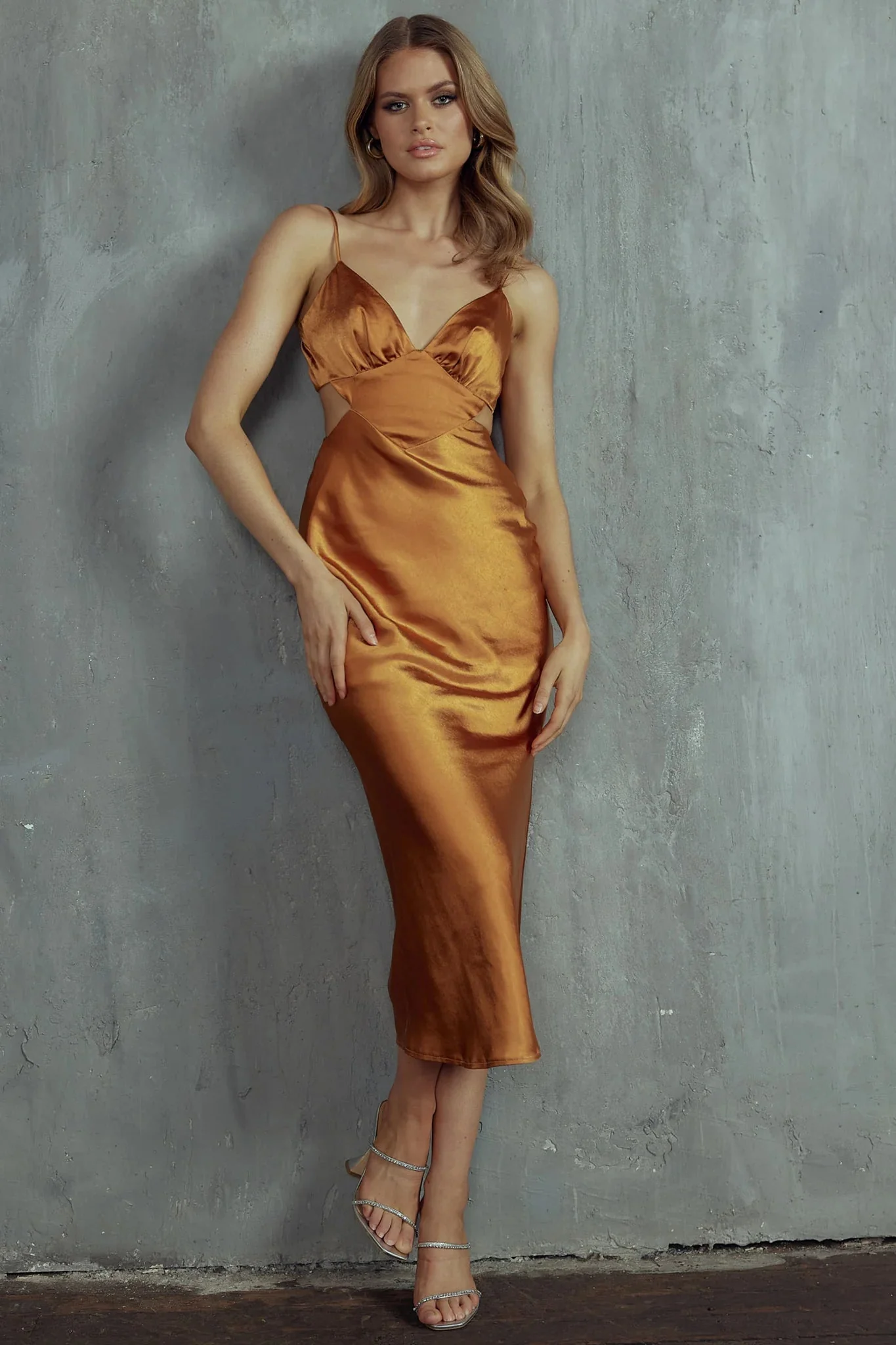 City Lights Cut-Out Waist Strappy Back Midi Dress Bronze