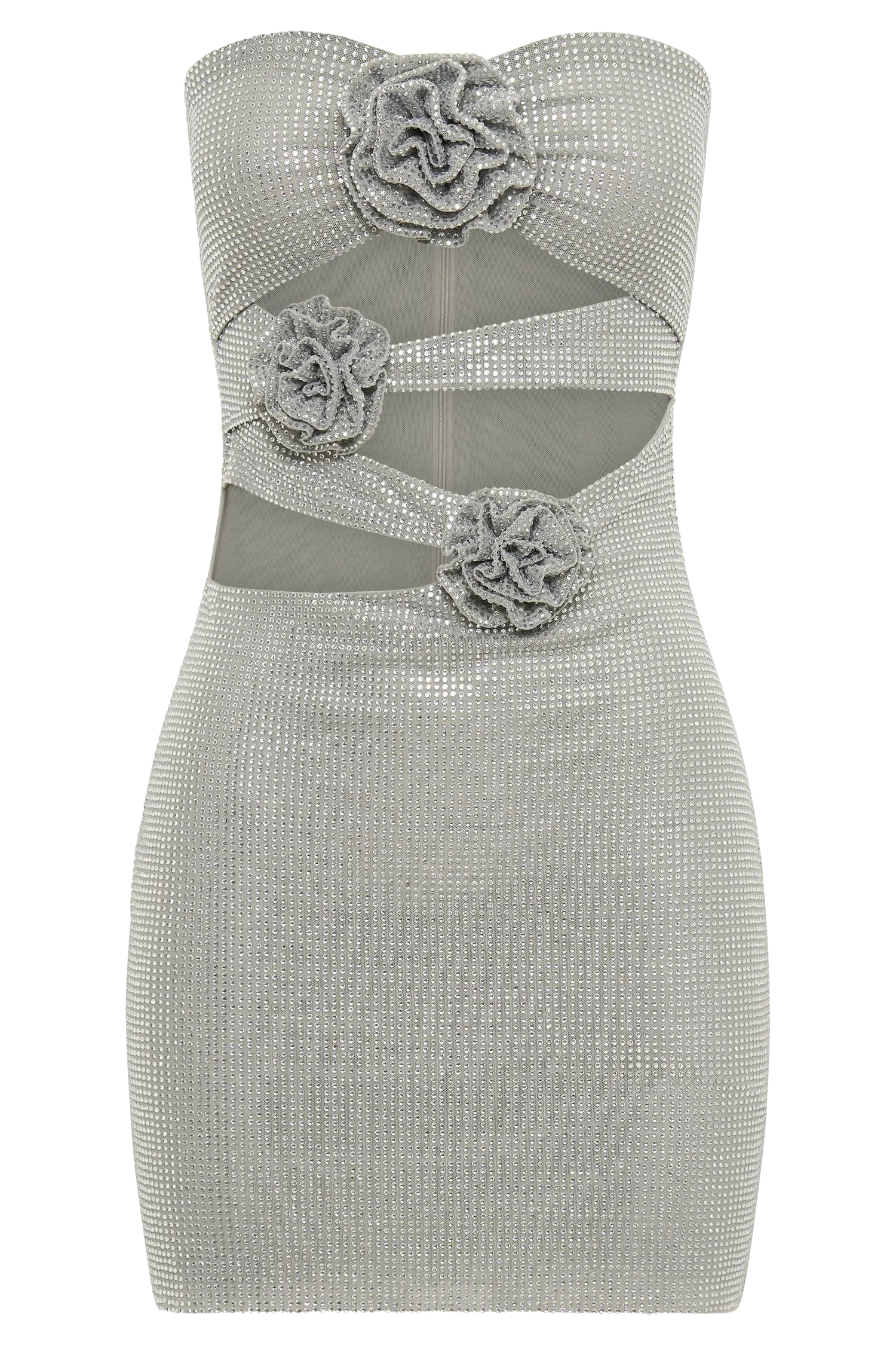 Korinna Strapless Rose Diamante Mini Dress - Silver