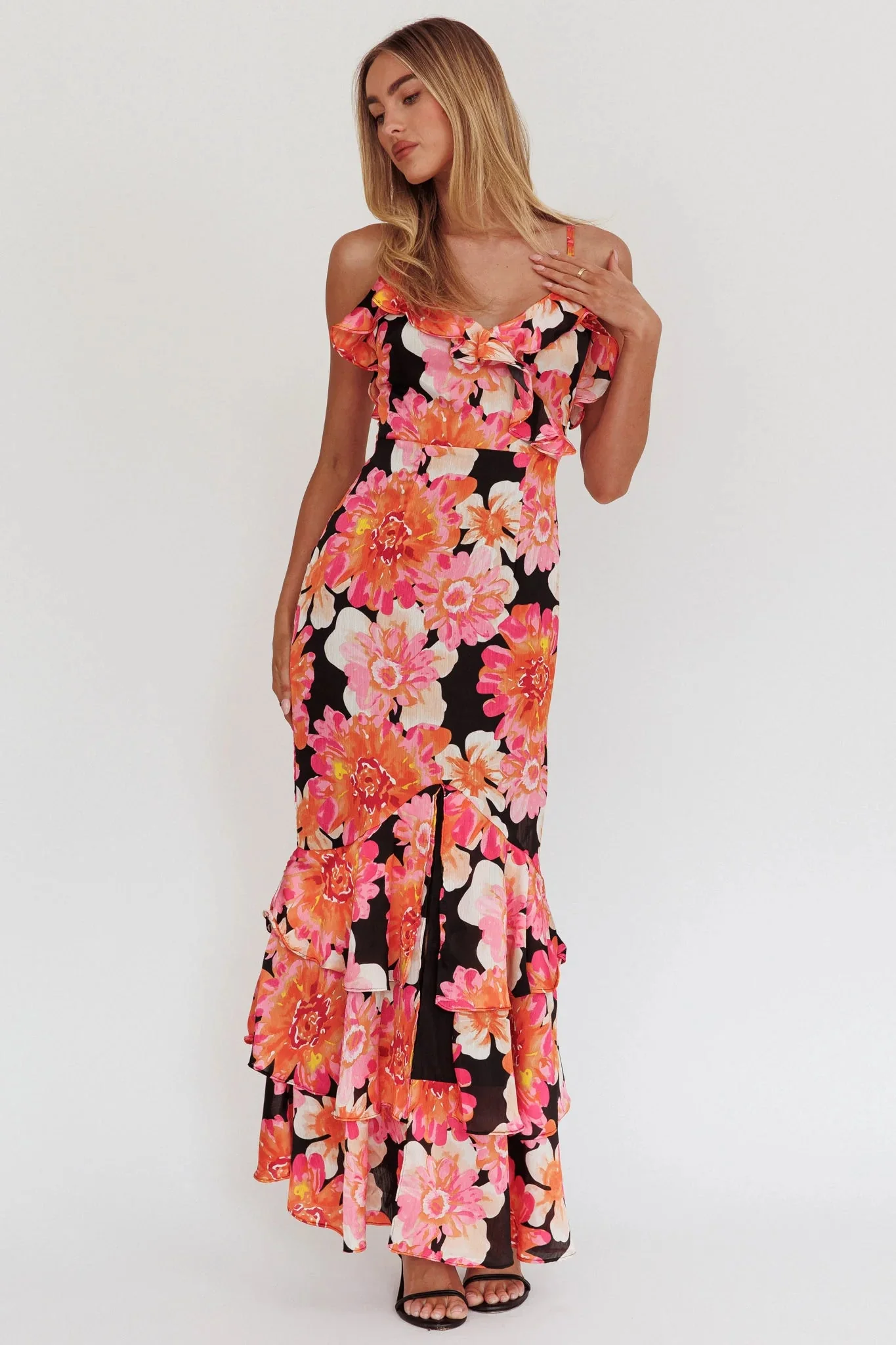 Silvana Frill Trim Maxi Dress Black/Pink