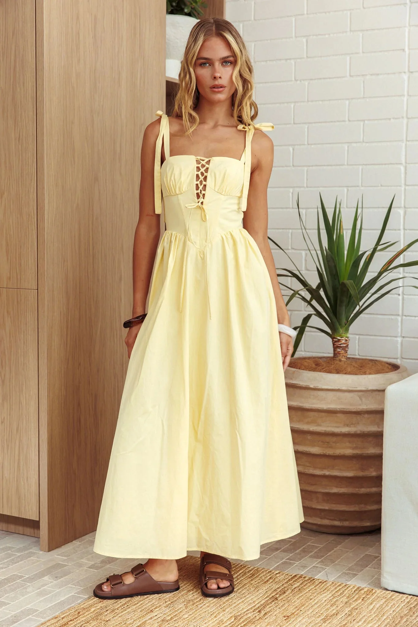 Kiahna Lace-Up Bodice Maxi Dress Butter