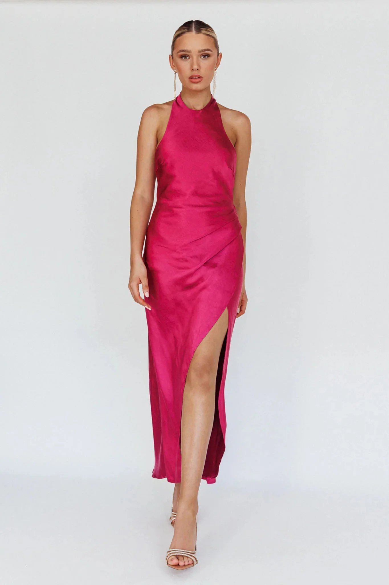 Sonoma Halterneck Faux Wrap Twist Back Maxi Dress Fuchsia