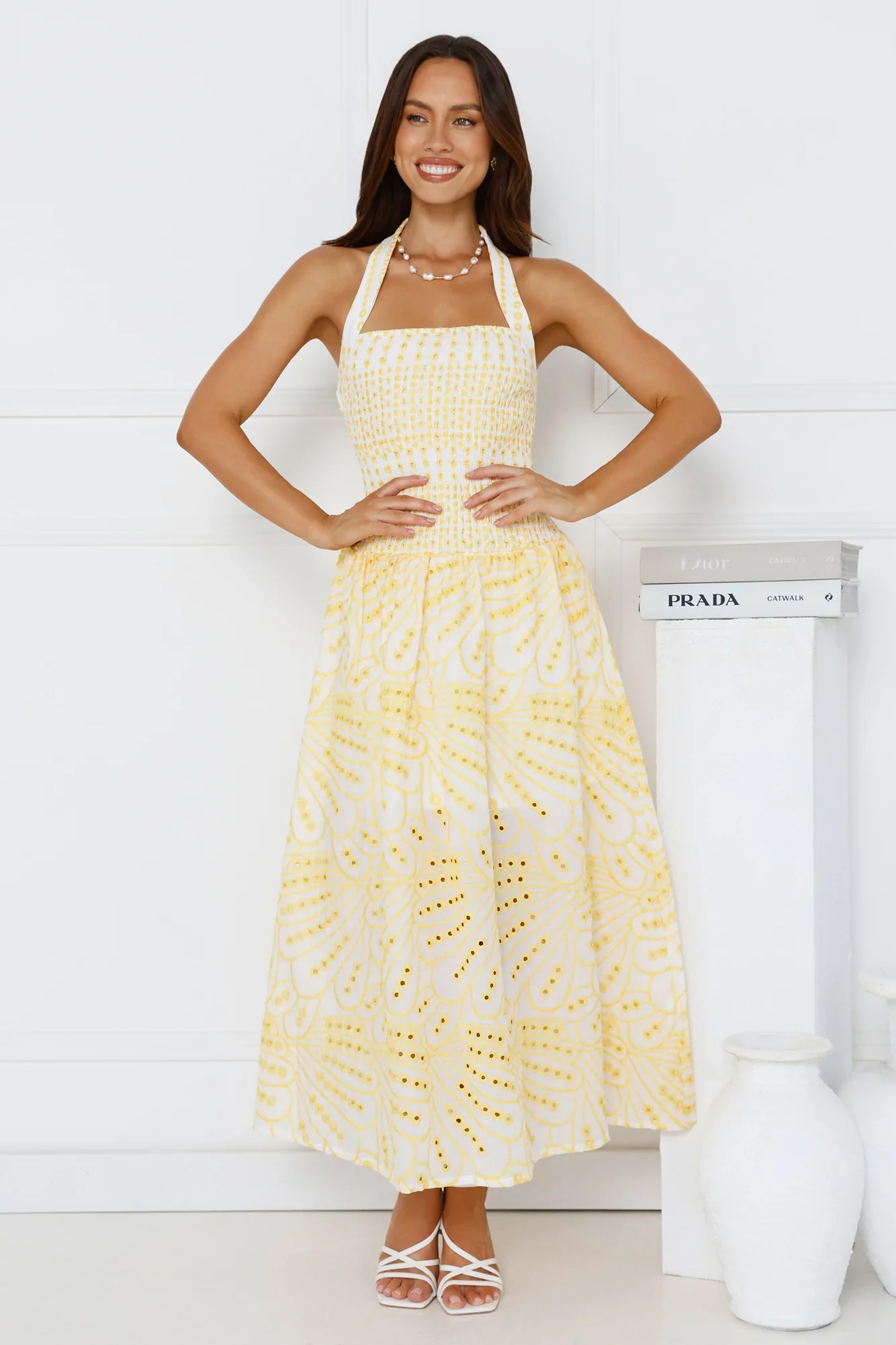 Leona Halter Embroidered Maxi Dress Yellow