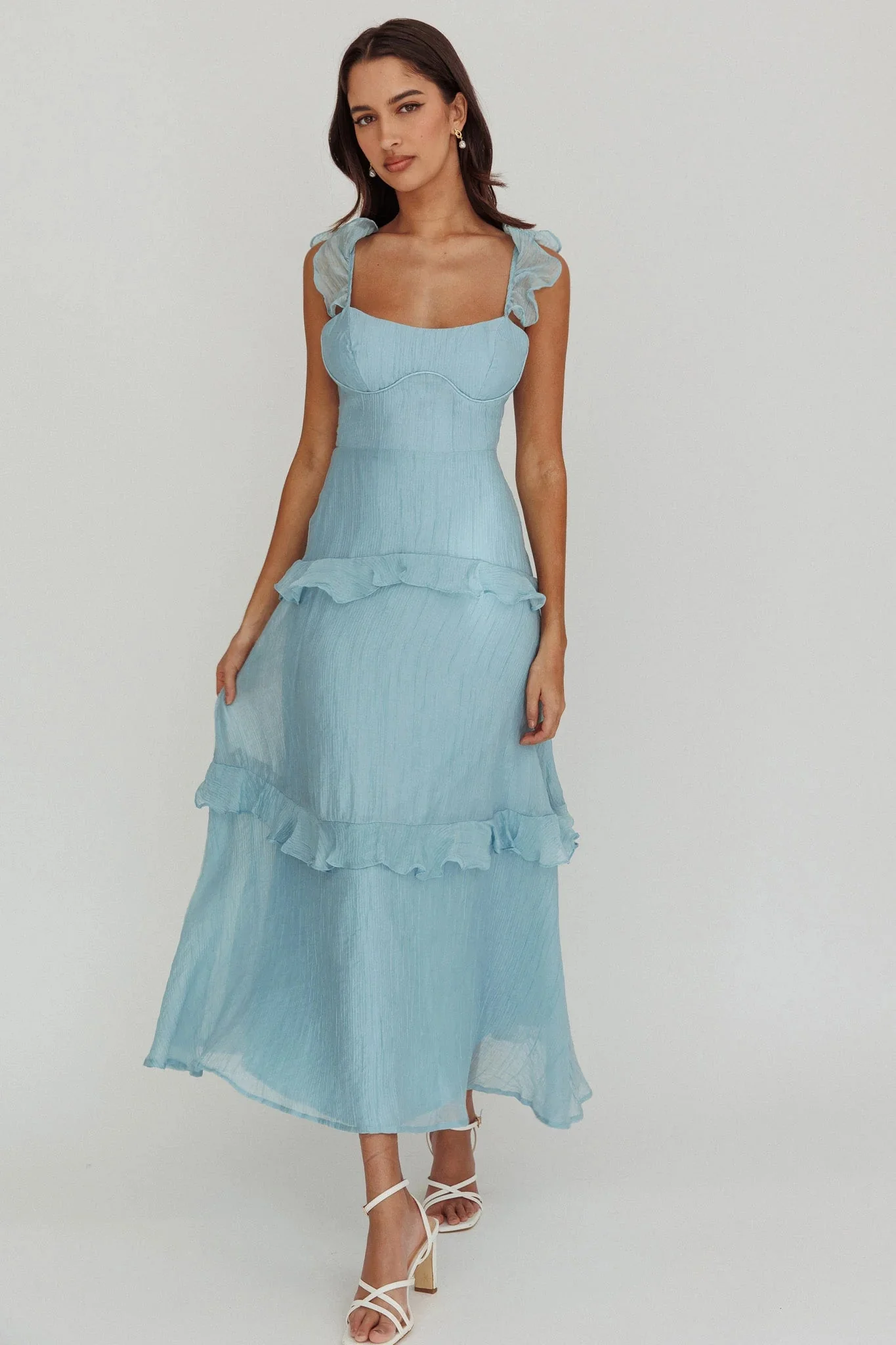 Moonlit Moment Ruffle Trim Lace-Up Back Maxi Dress Blue