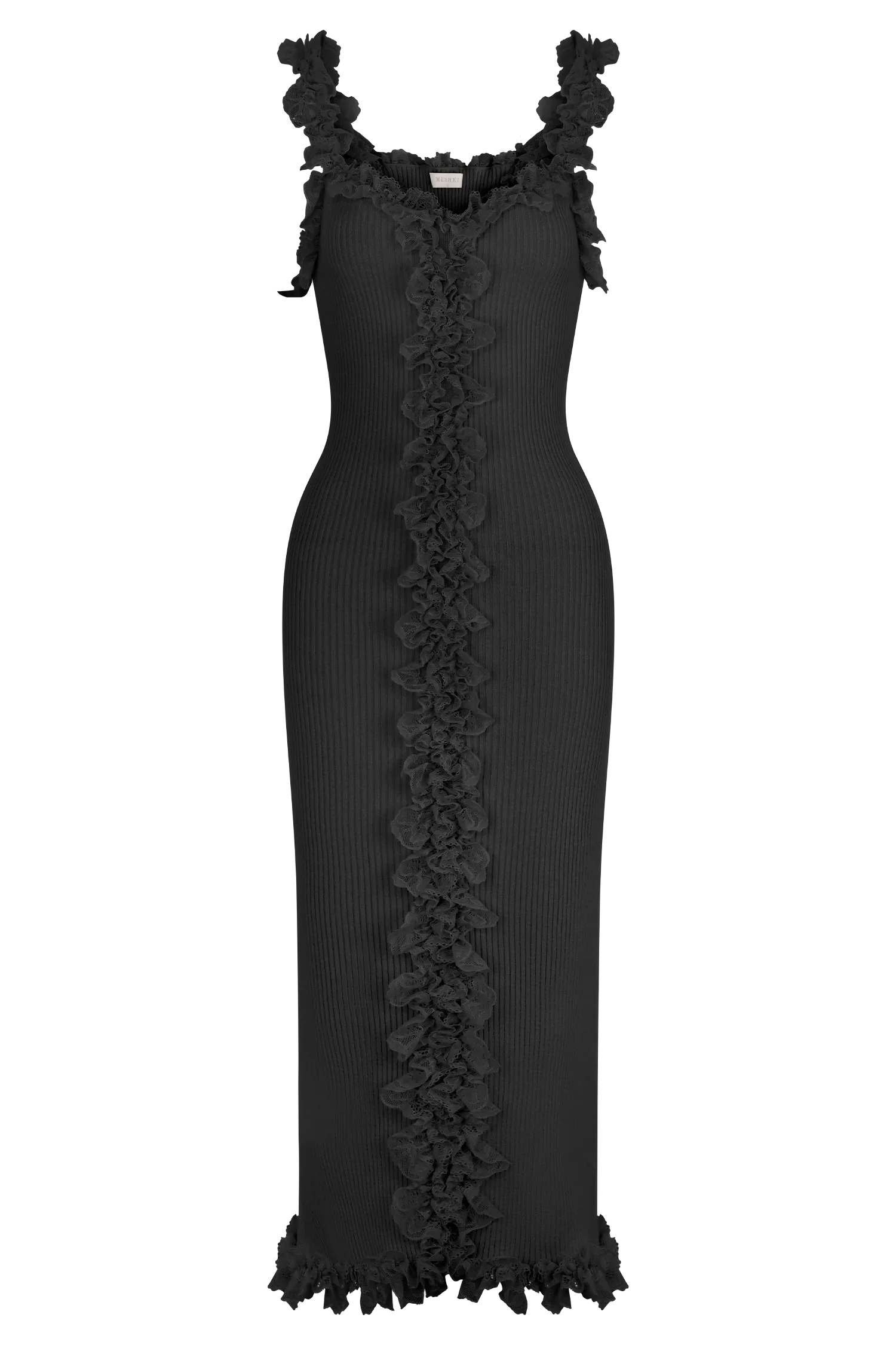 Shay Lace Ruffle Knit Midi Dress - Black