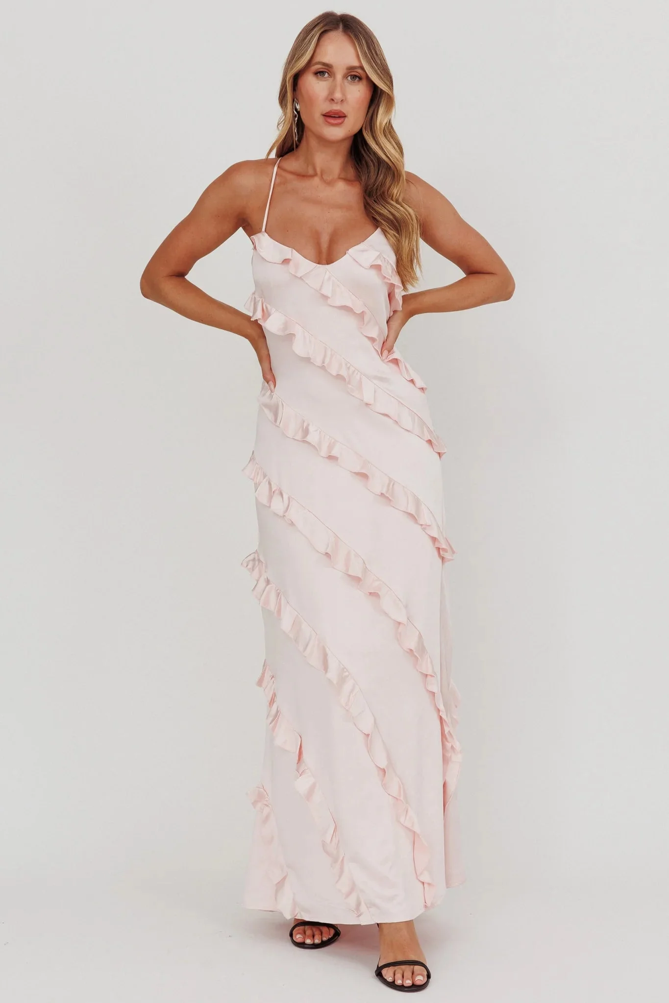 Arrabel Ruffle Trim Maxi Dress Blush
