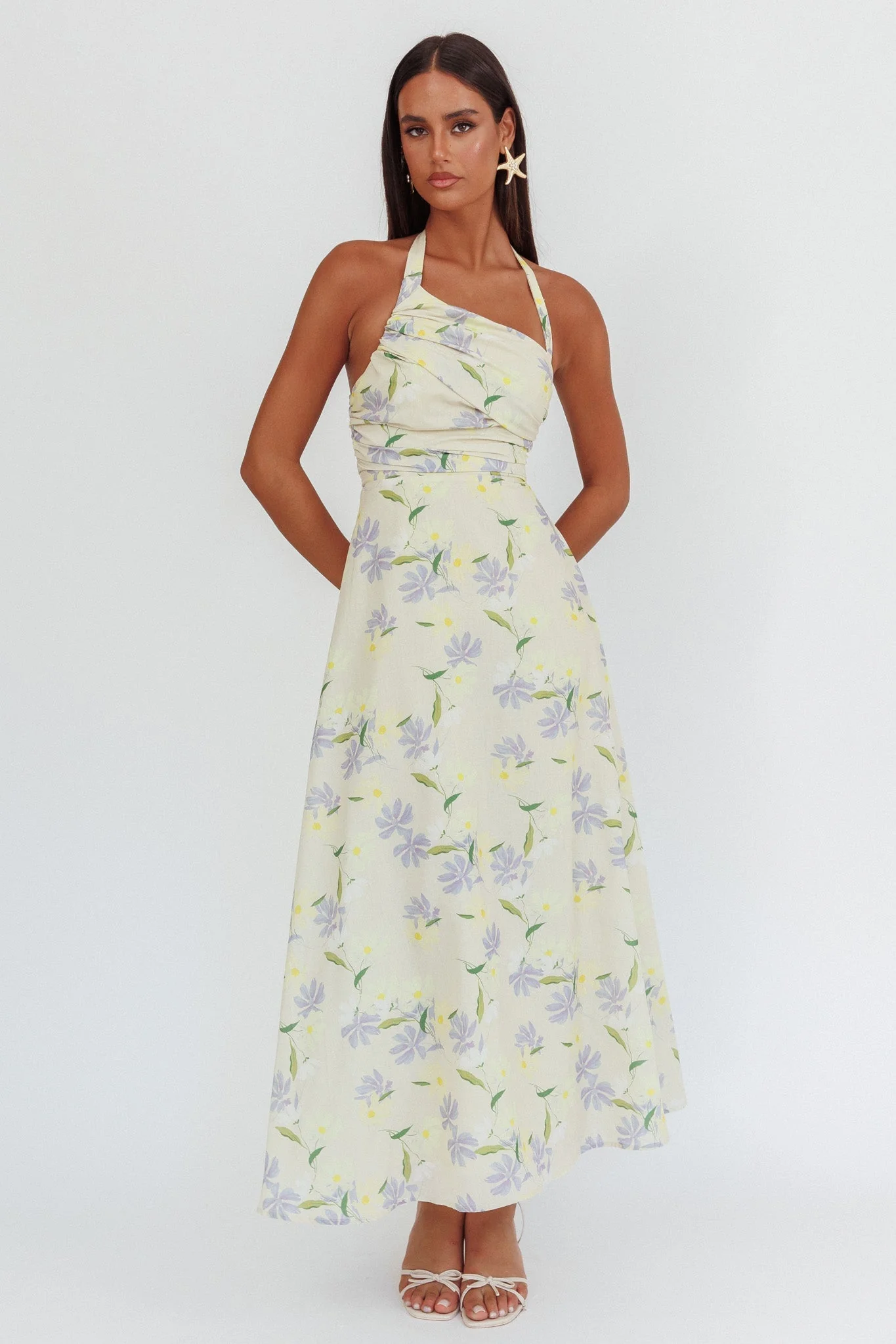 Auriana Asymmetric Neckline Halter maxi Dress Floral Lemon