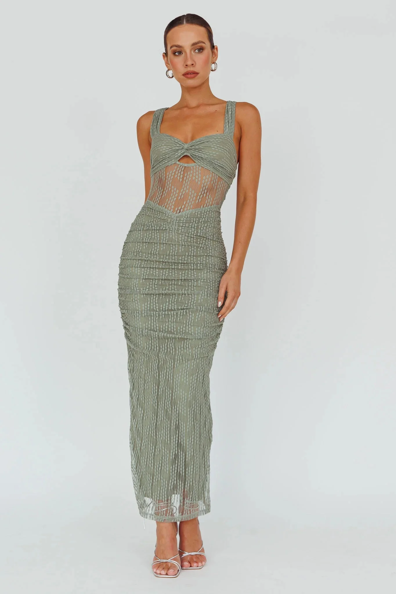Oliana Embroidered Mesh Midi Dress Fern