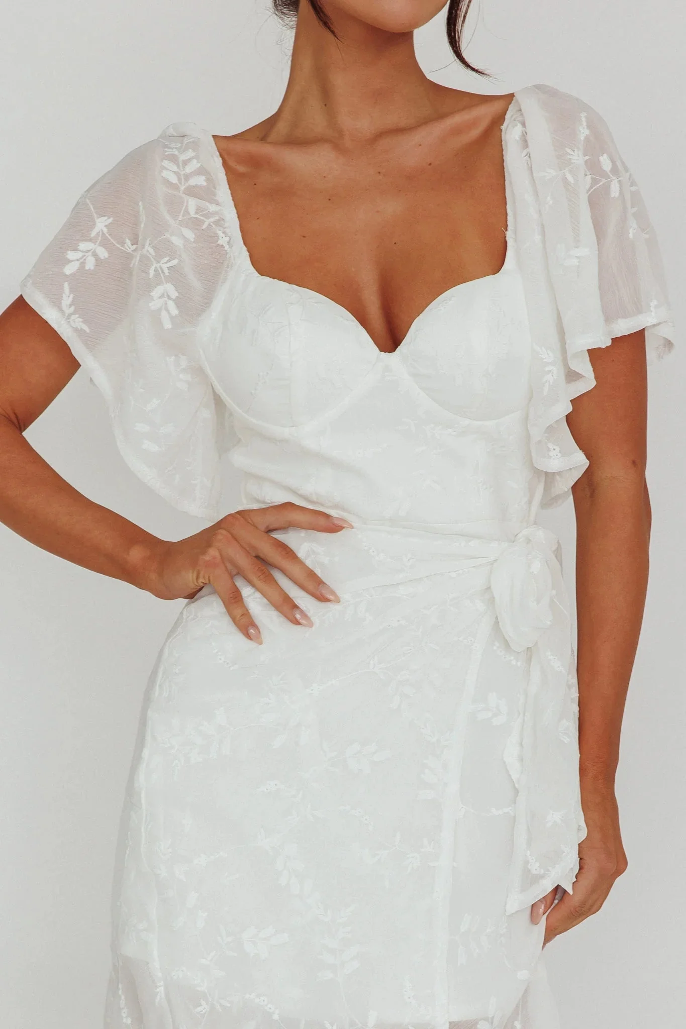 Aphrodite Molded Bust Angel Sleeve Midi Dress Floral White