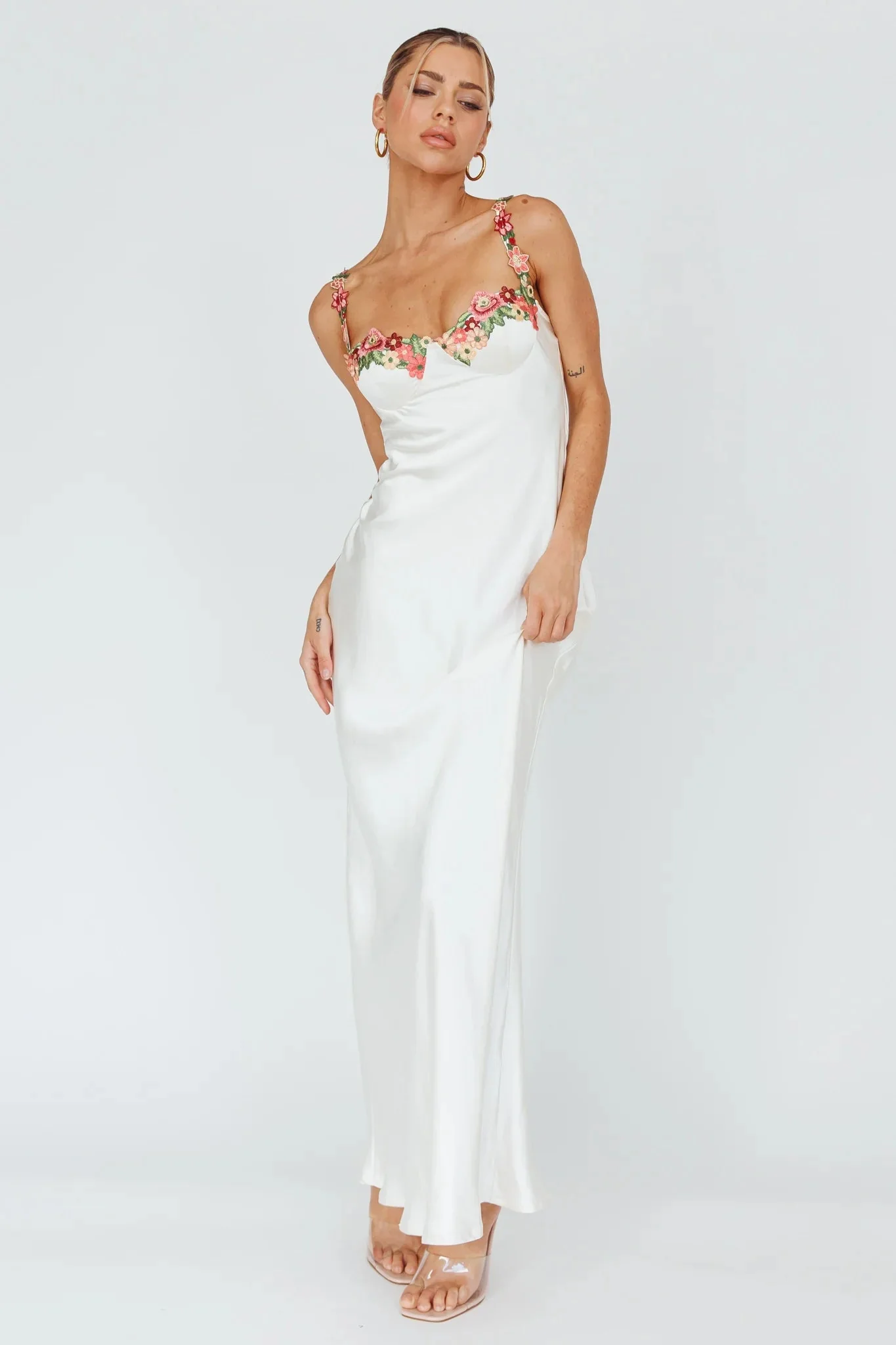 Rose Garden Floral Applique Midi Dress Oyster