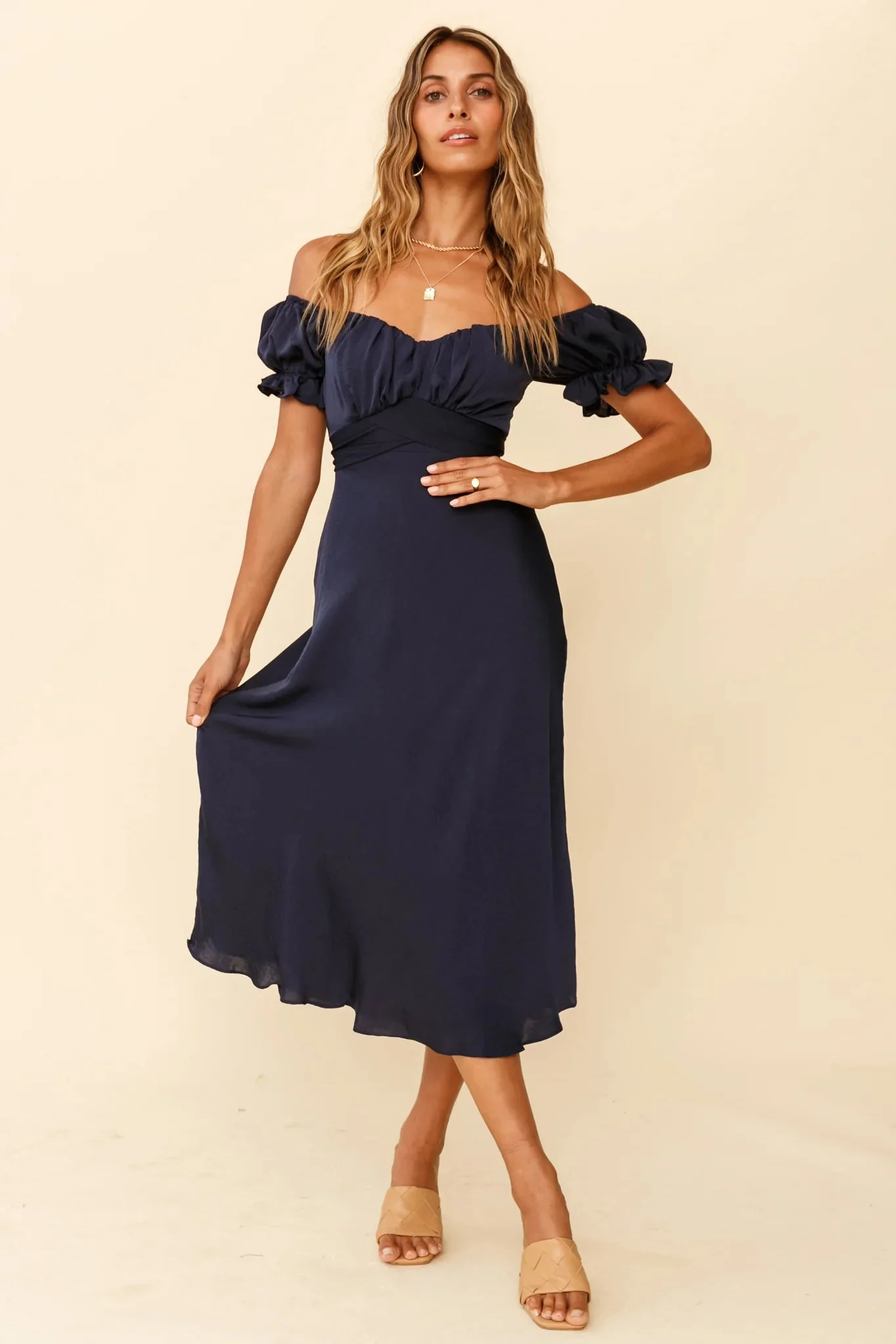 Linka Off-Shoulder Tie Back Midi Dress Navy