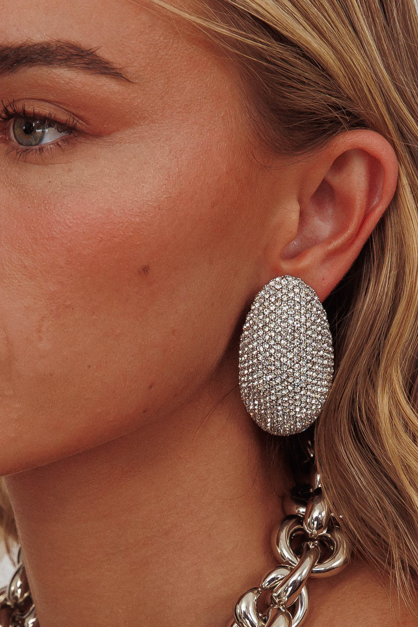 Candice Oval Cabochon Earrings Silver Diamante