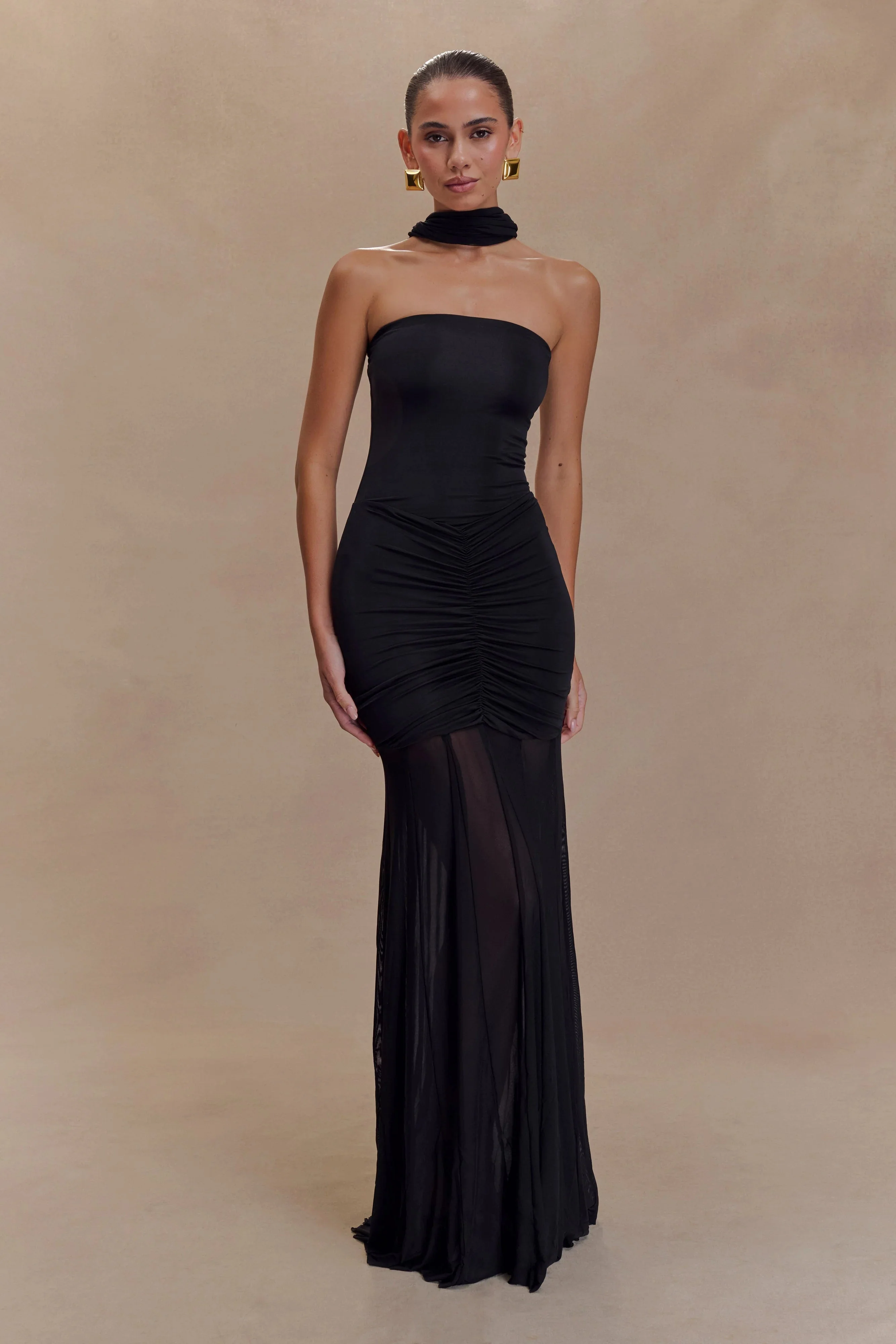 Caspian Slinky And Mesh Off Shoulder Maxi Dress - Black