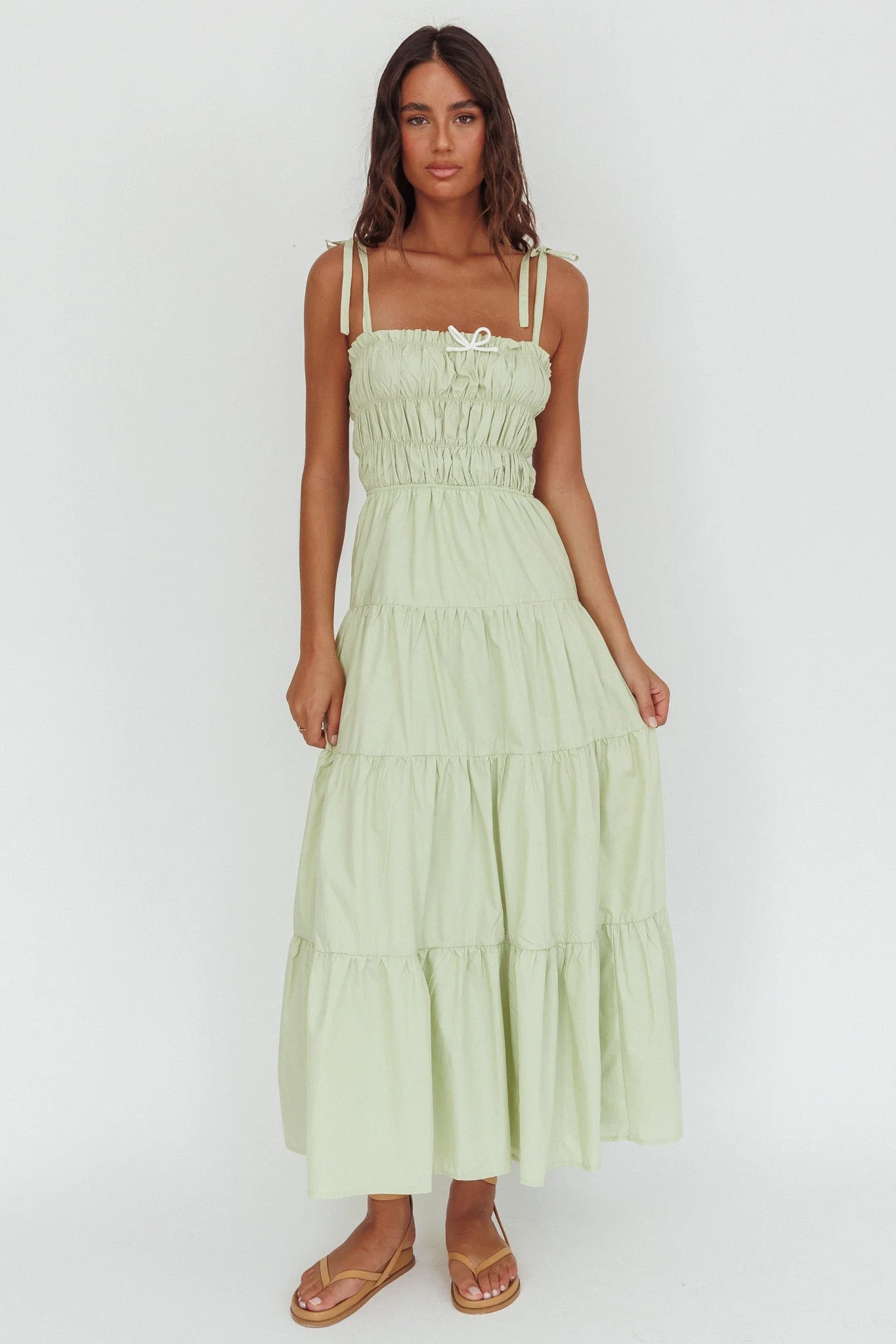 Anderson Tied Shoulder Smocked Bodice Maxi Dress Sage
