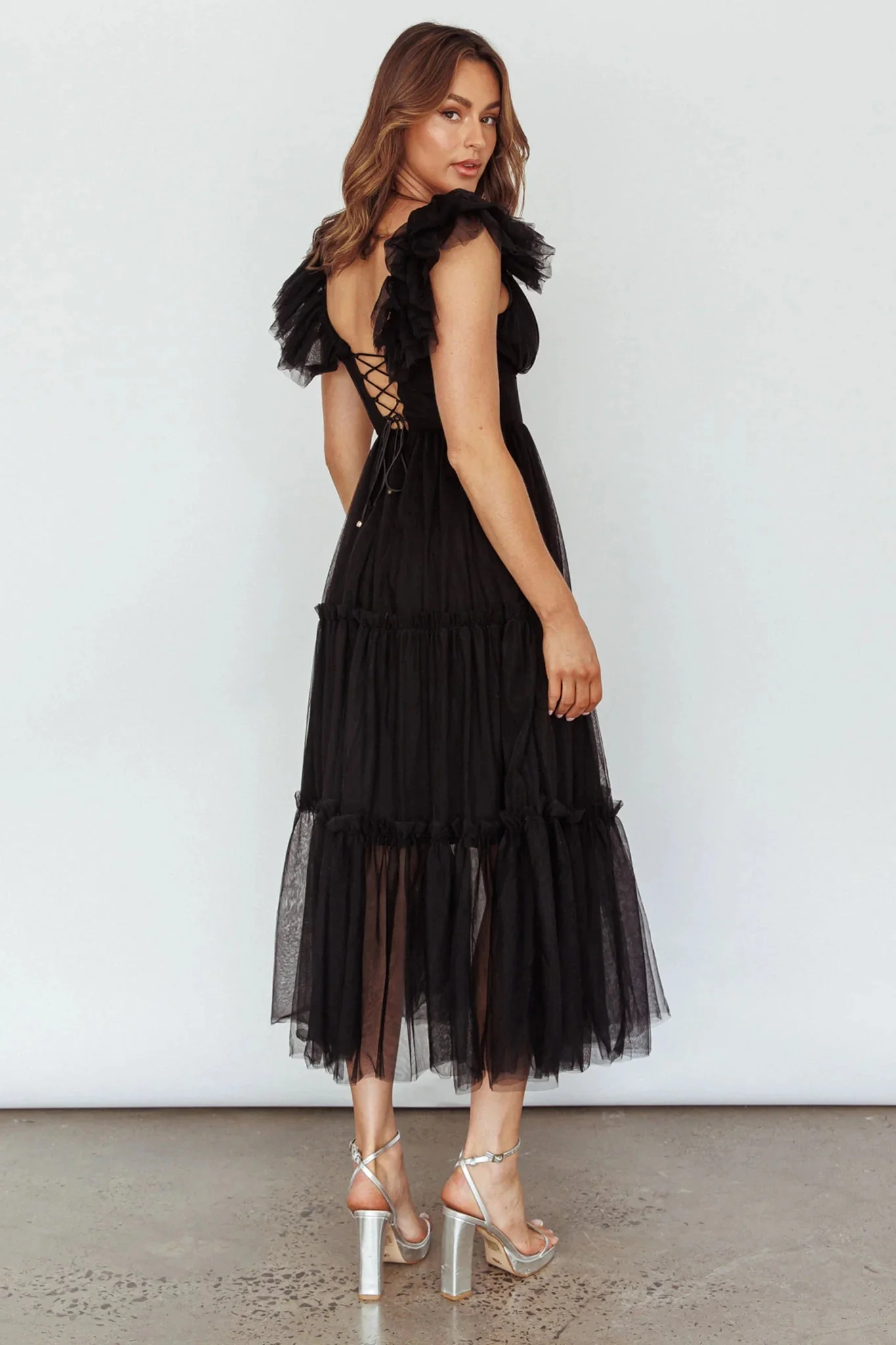 Amal Ruffle Shoulder Tulle Midi Dress Black