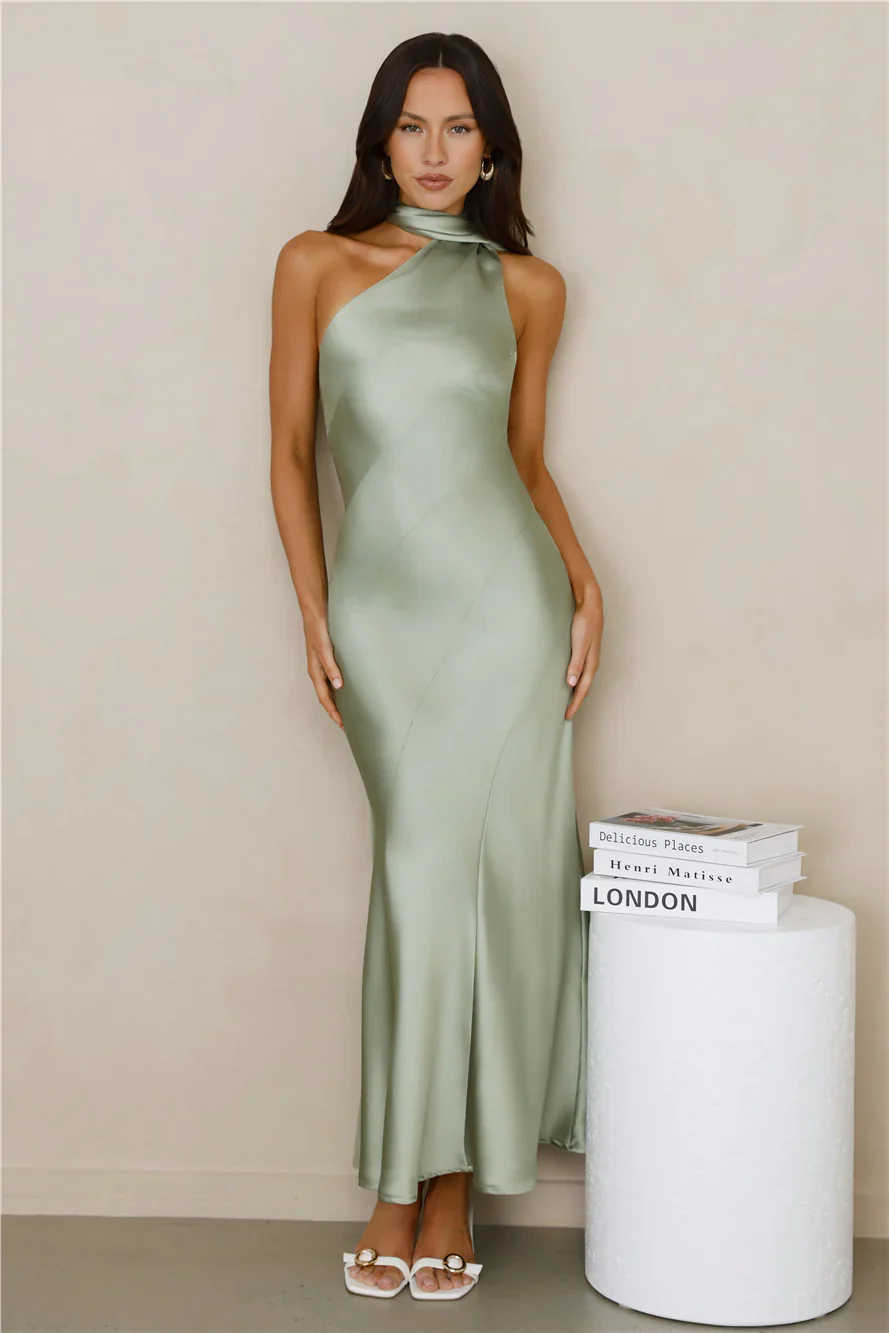 Kissed By Moonlight Satin Maxi Dress Sage
