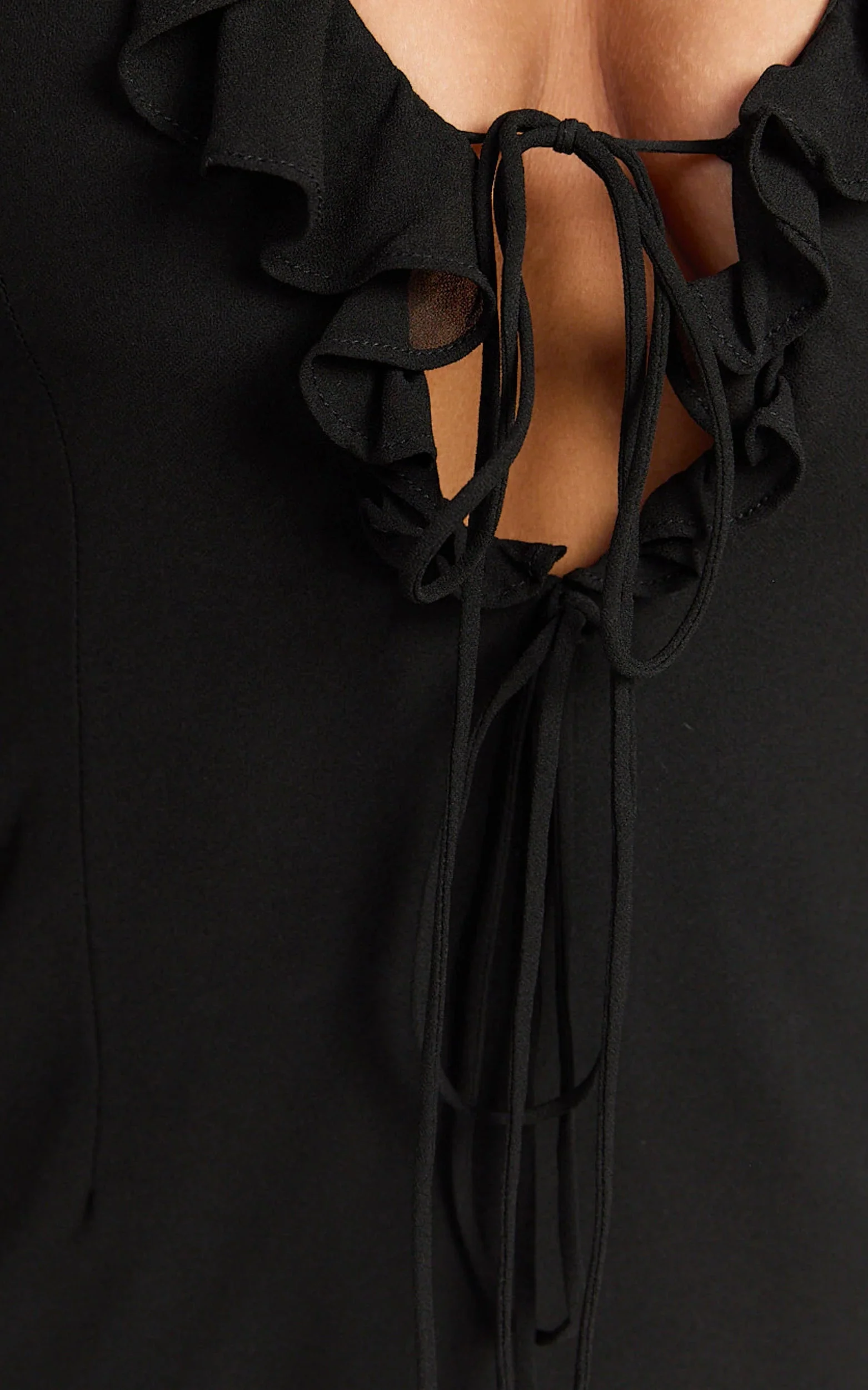 Alesya Mini Dress Ruffle Plunge Neck Long Sleeve Tie Detail Dress in Black