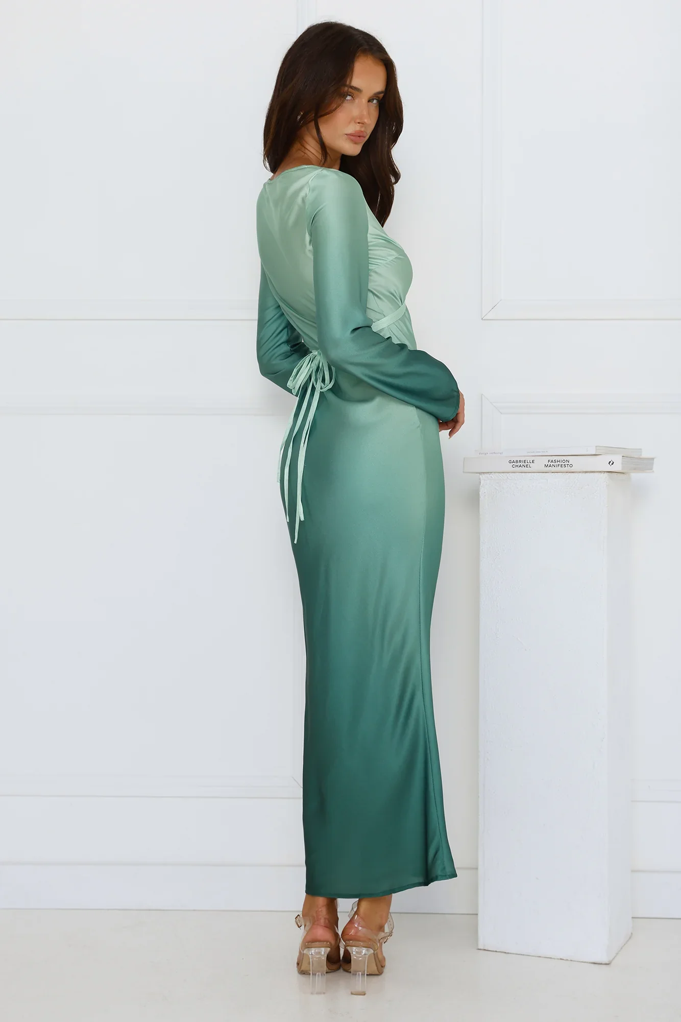 Horizon Hues Satin Long Sleeve Midi Dress Green Ombre