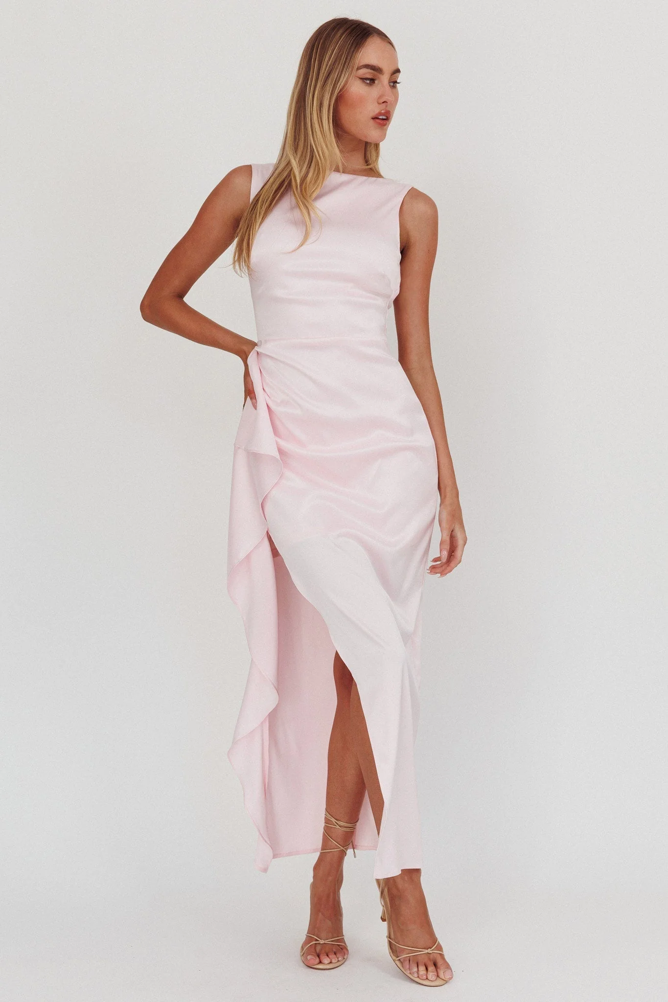 Kamillia Boat Neck Split Maxi Dress Ice Pink