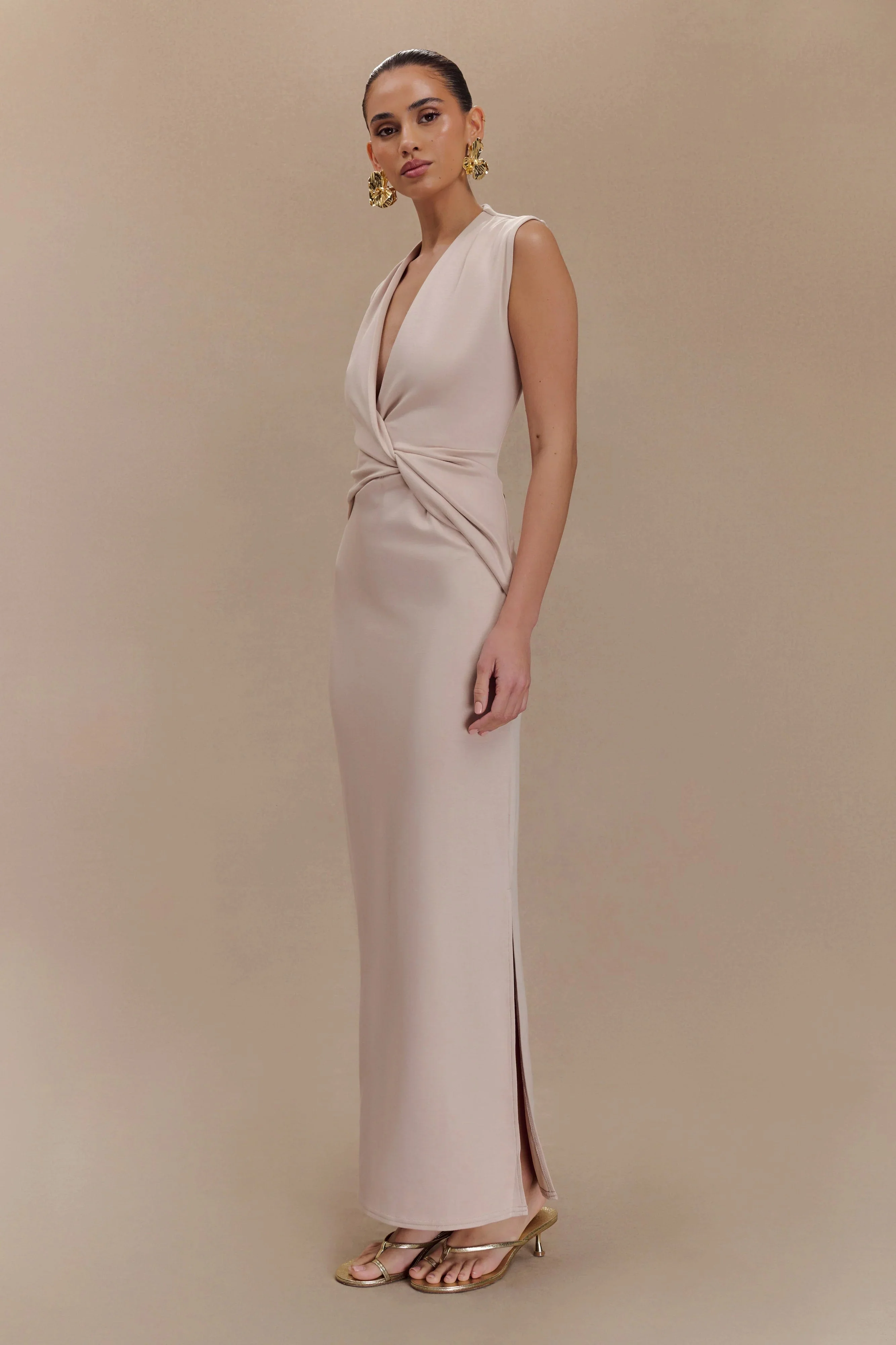 Lorelei Crepe Twist Midi Dress - Taupe