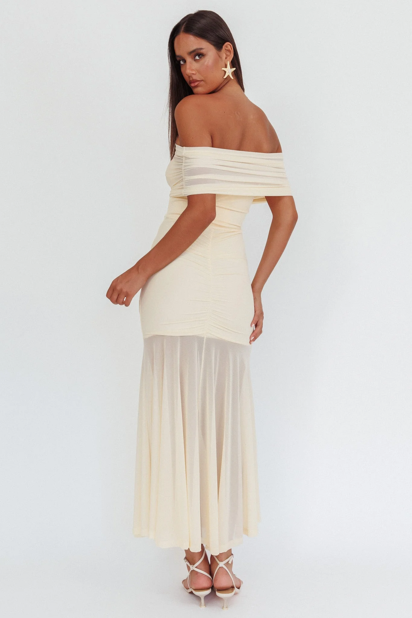 Clarita Sheer Ruched Maxi Dress Cream
